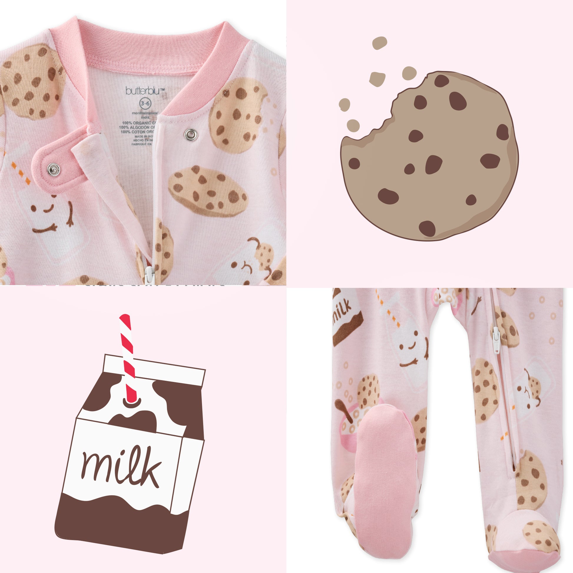 Baby onesie with cookie pattern, close-up of cookie, milk carton illustration, and baby footie with pink sole.