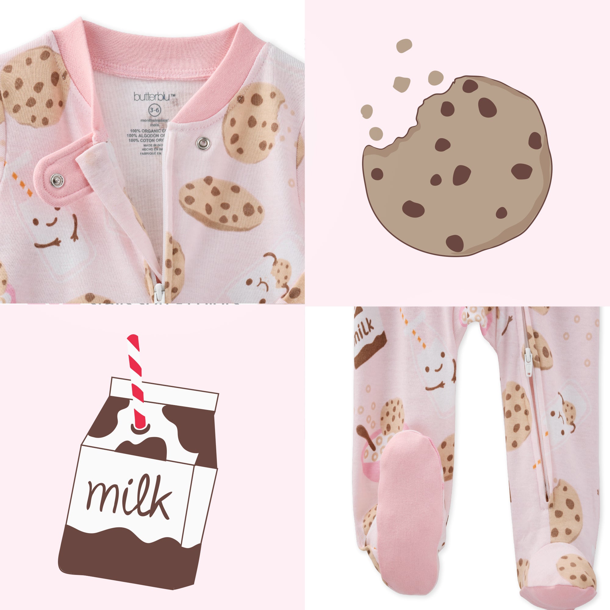 Baby onesie with cookie pattern, close-up of cookie, milk carton illustration, and baby footie with pink sole.