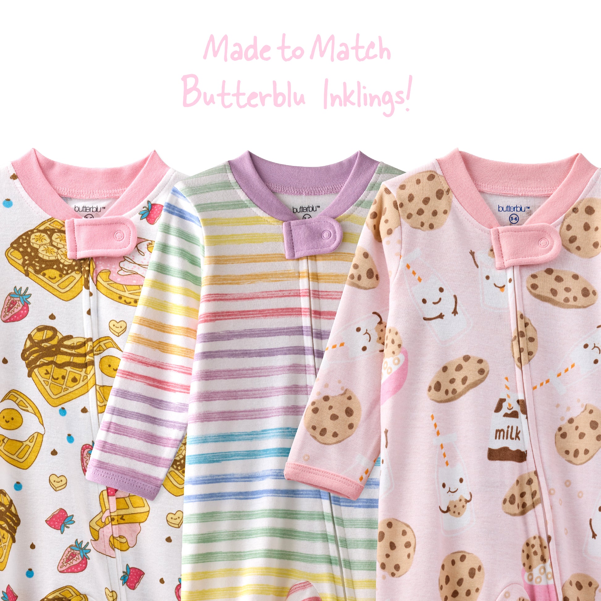 Three children's pajamas with different patterns on a white background