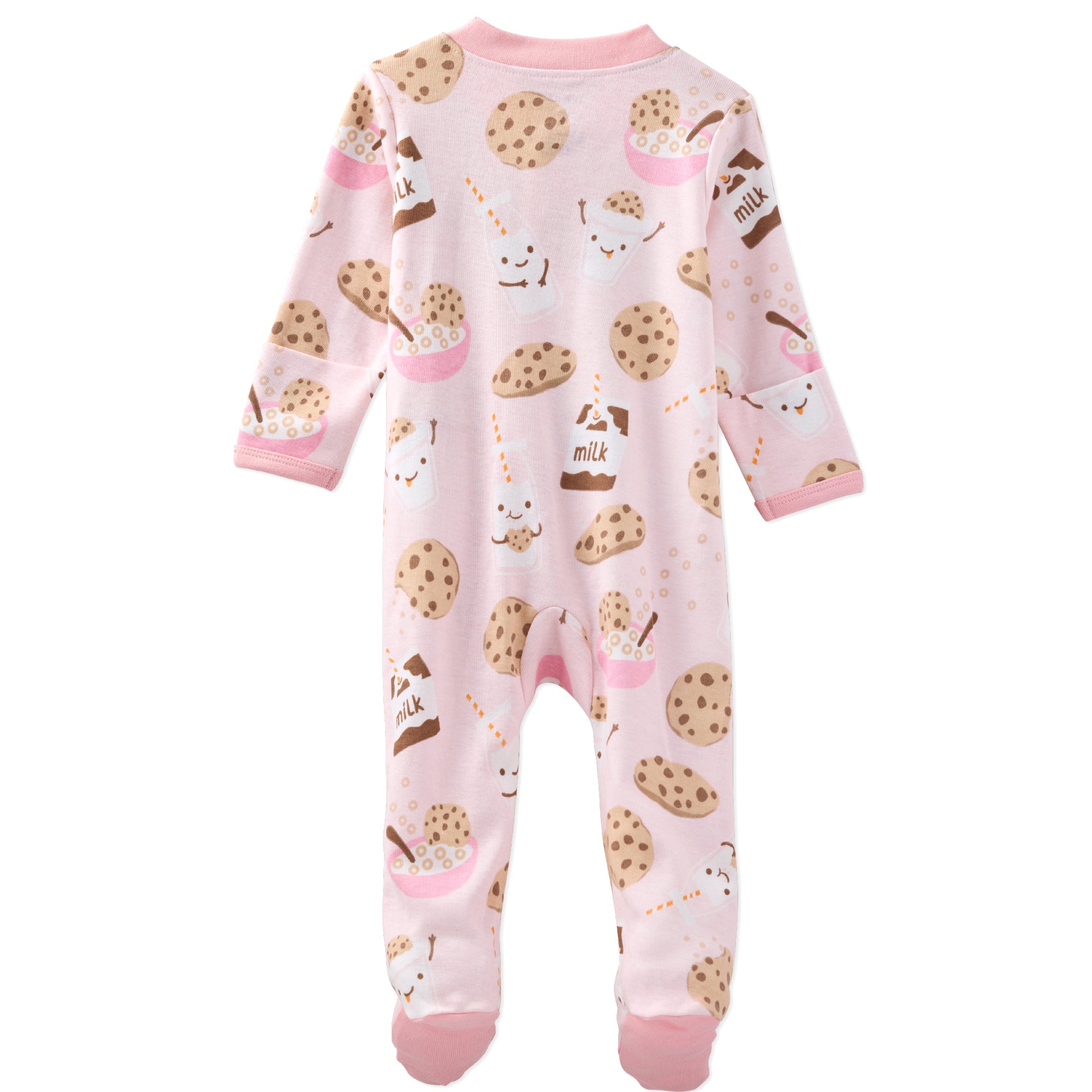 Pink baby onesie with ice cream and cookie pattern on a white background