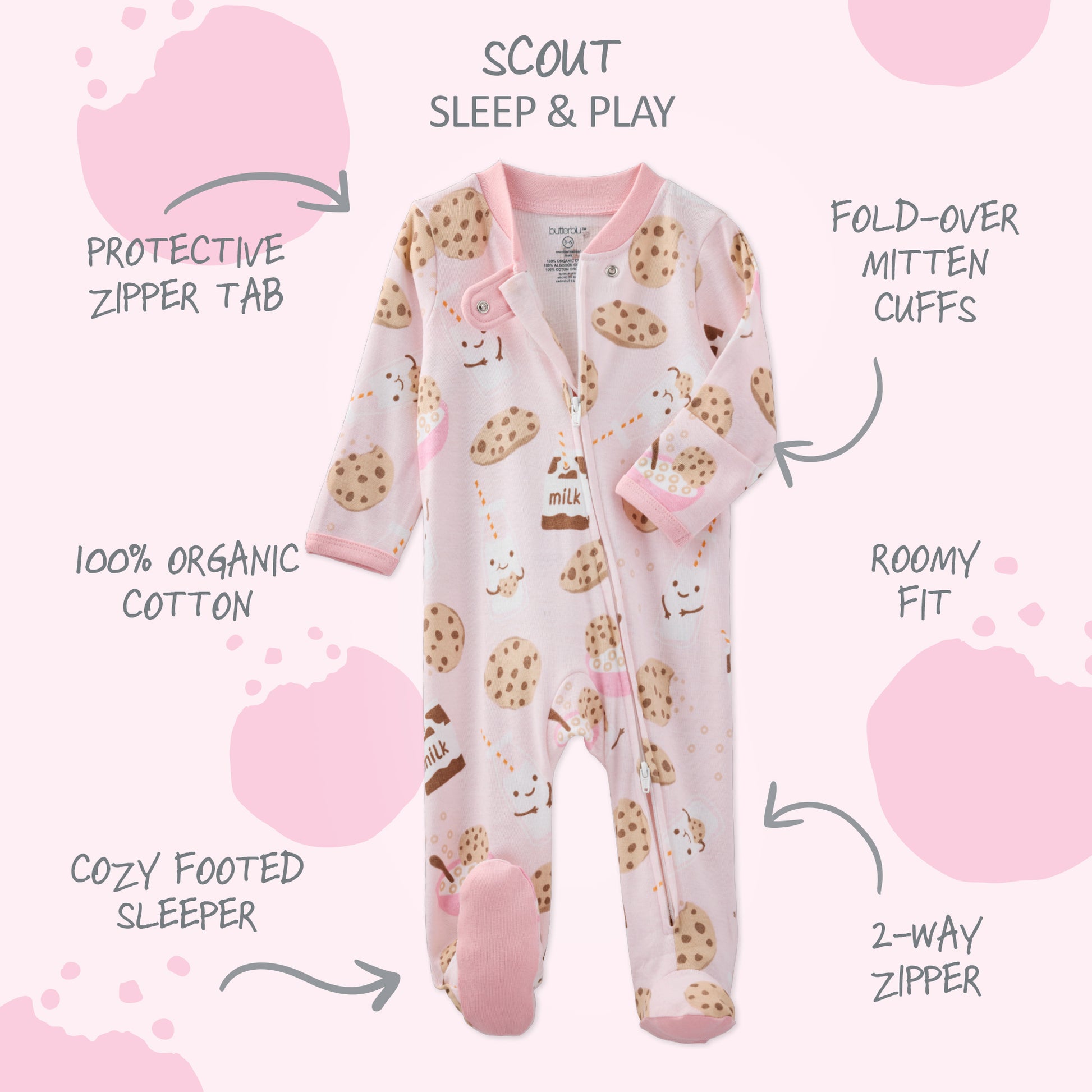 Baby onesie with cookie pattern on a pink background with text describing features