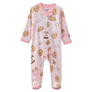 Baby onesie with cookie pattern on a pink background