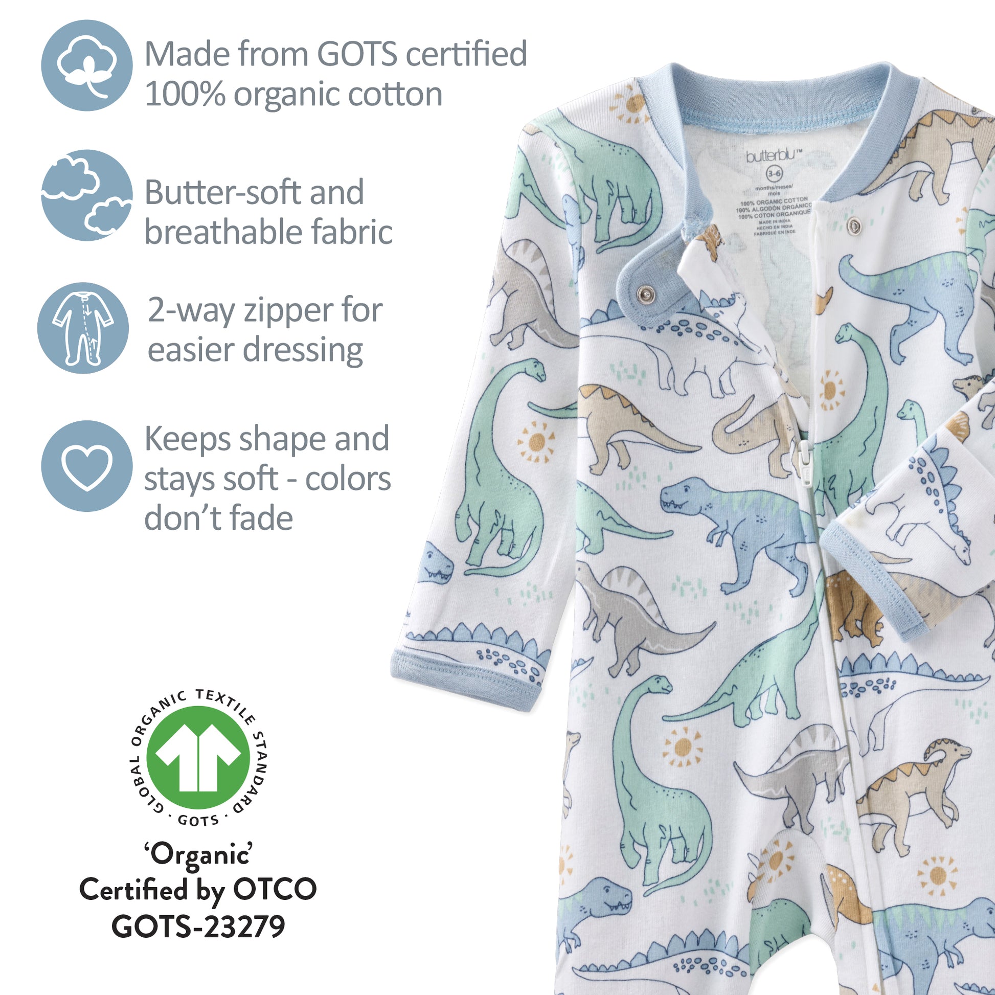 Baby onesie with dinosaur pattern and GOTS certification label