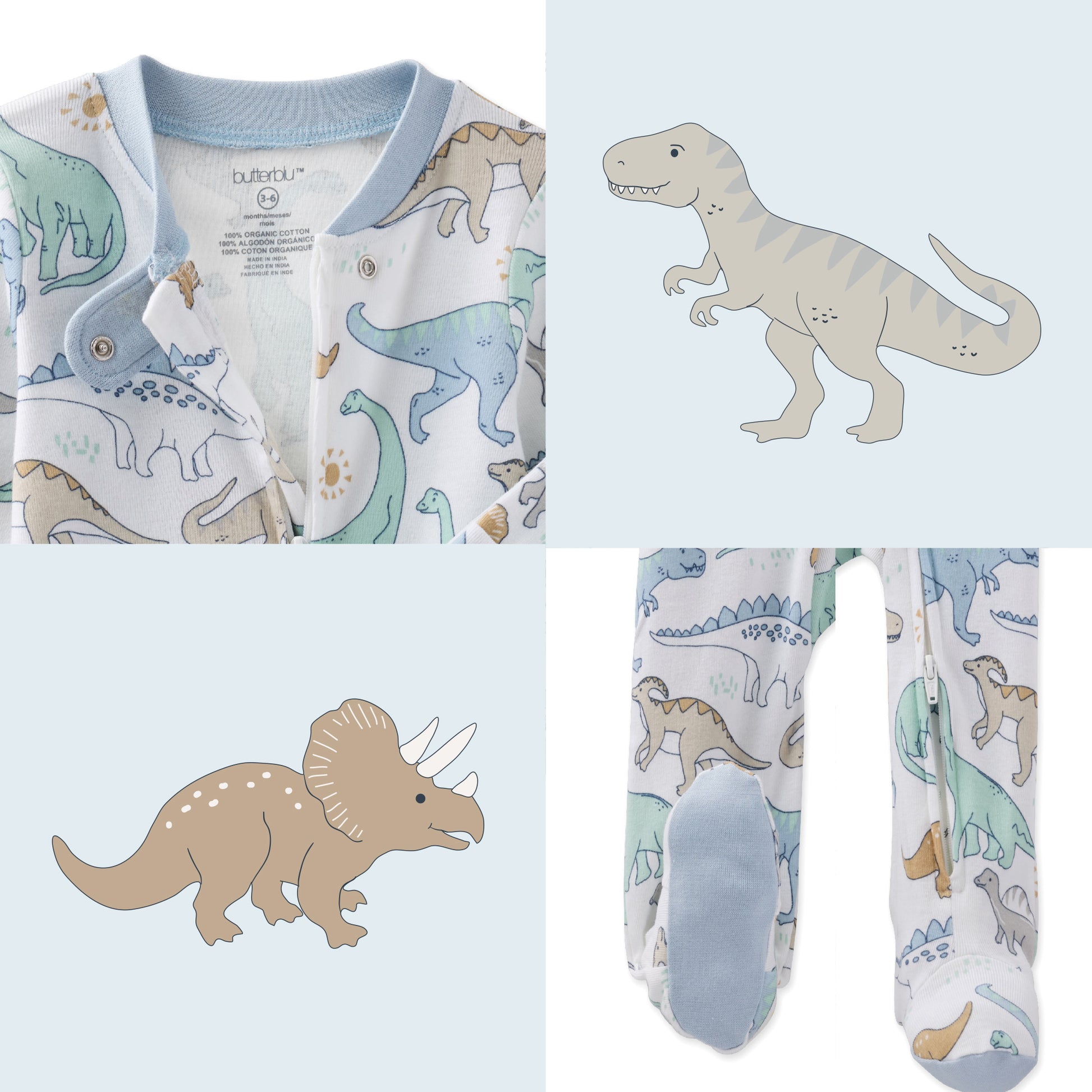 Baby outfit with dinosaur pattern on a light blue background