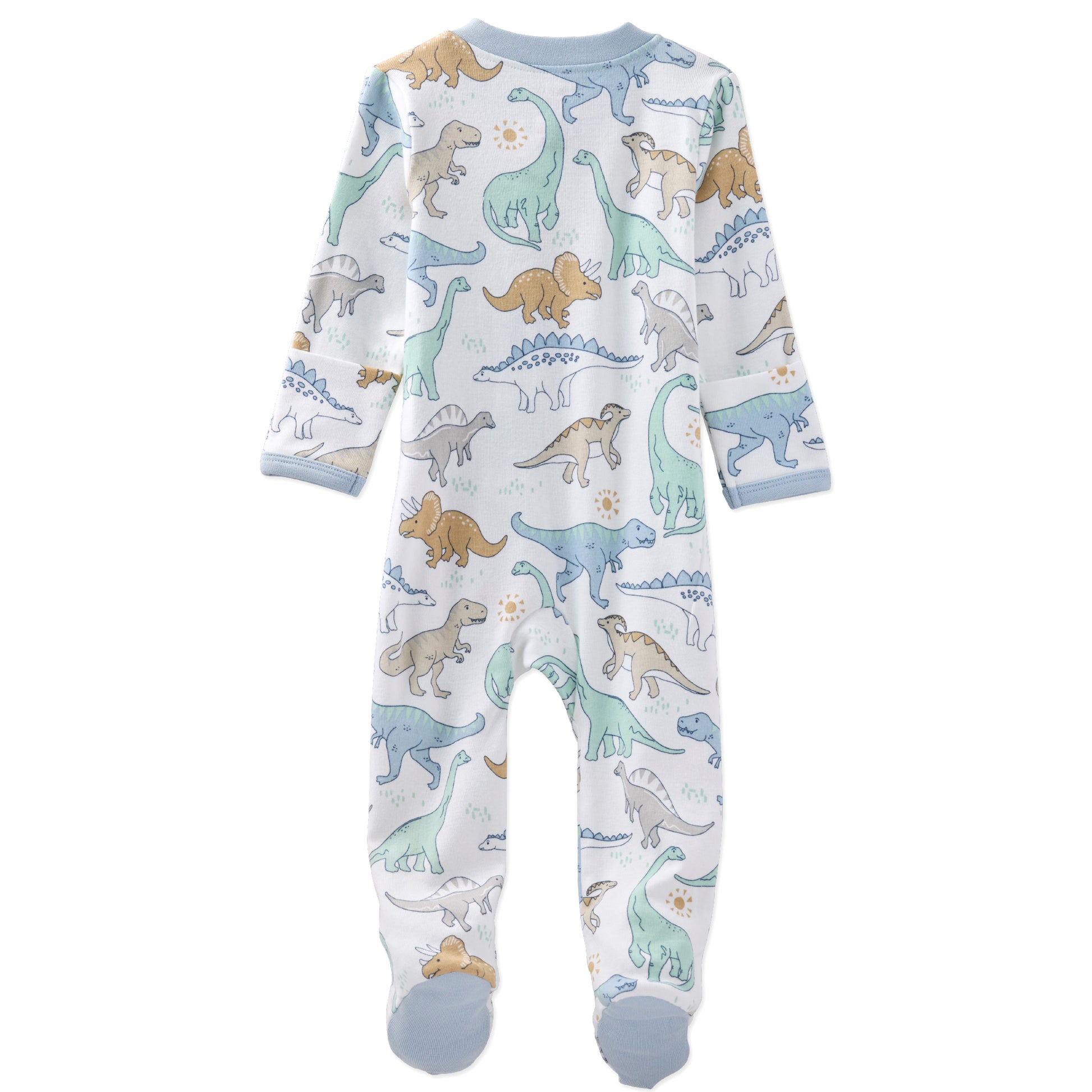 Baby onesie with dinosaur pattern on a white background
