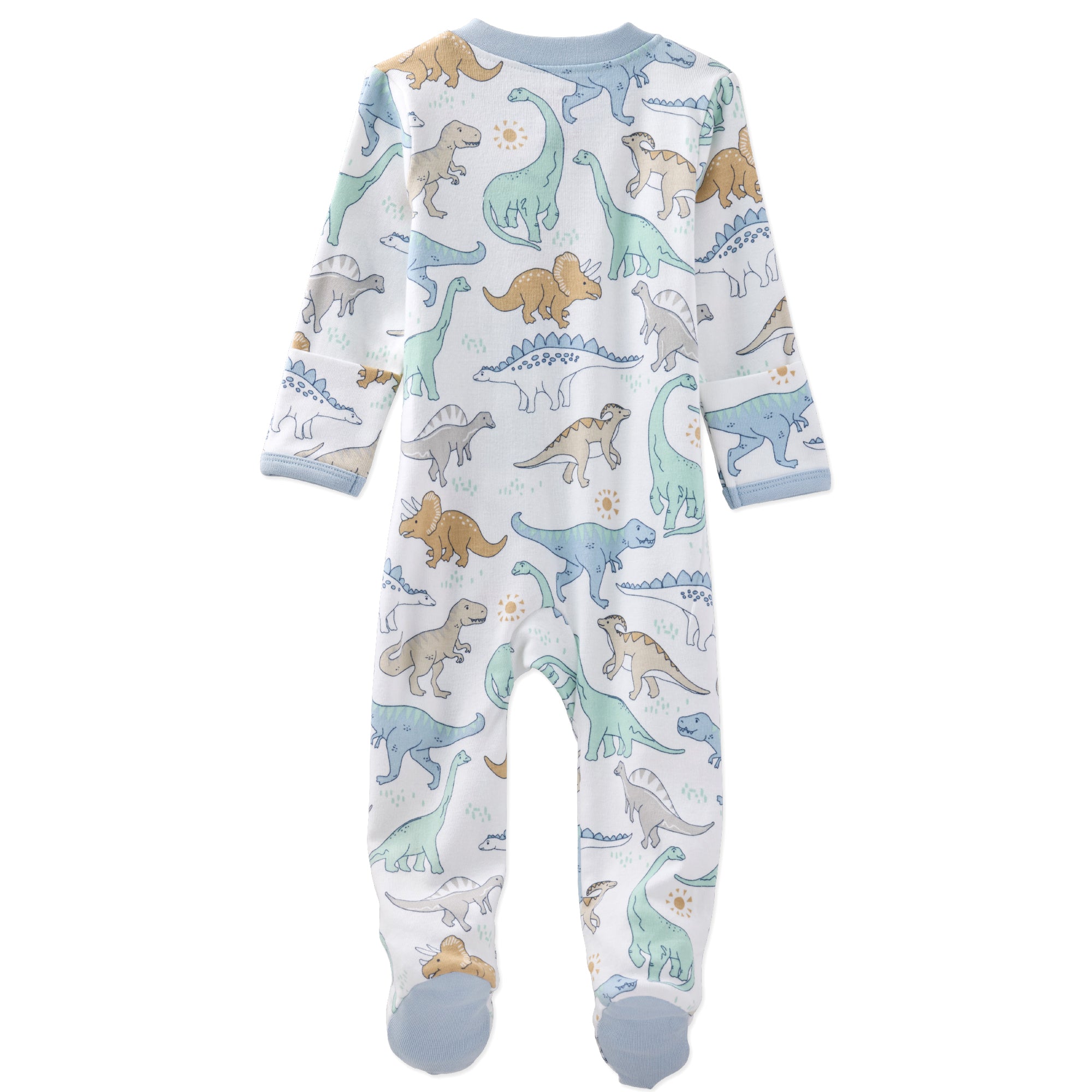 Baby onesie with dinosaur pattern on a white background