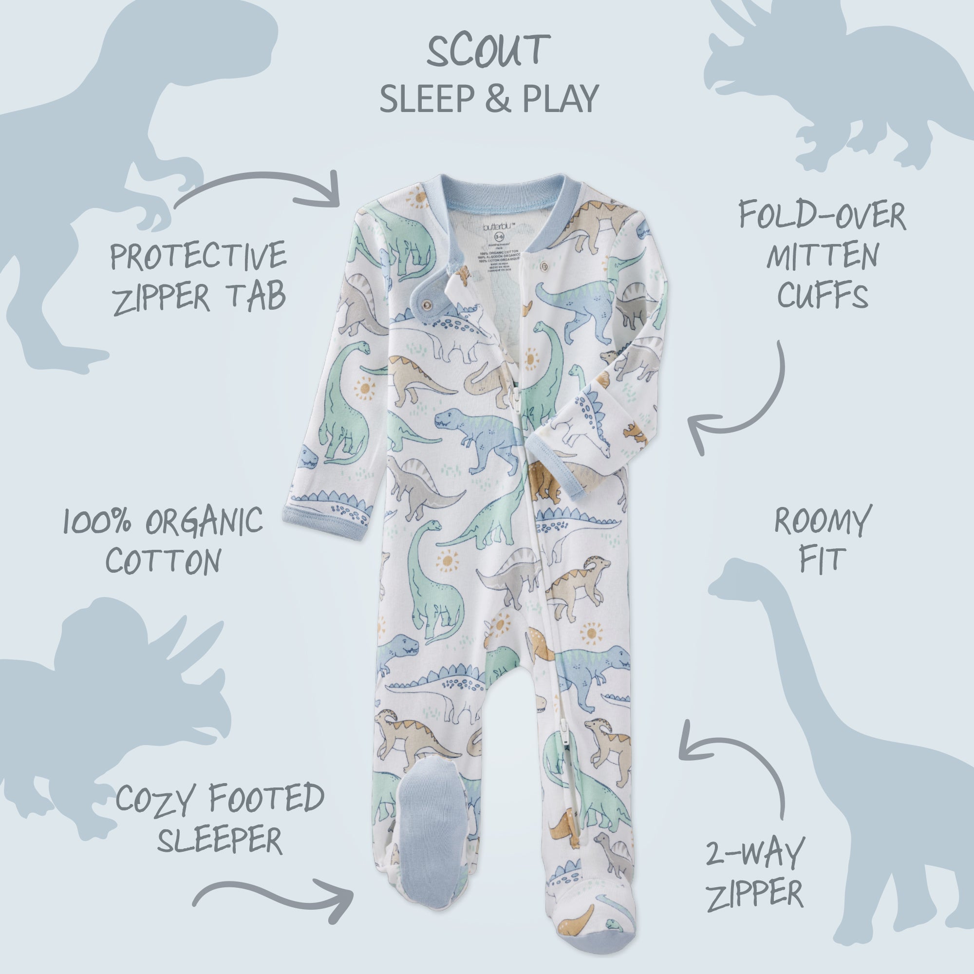 Baby onesie with dinosaur pattern on a light blue background with text describing features.