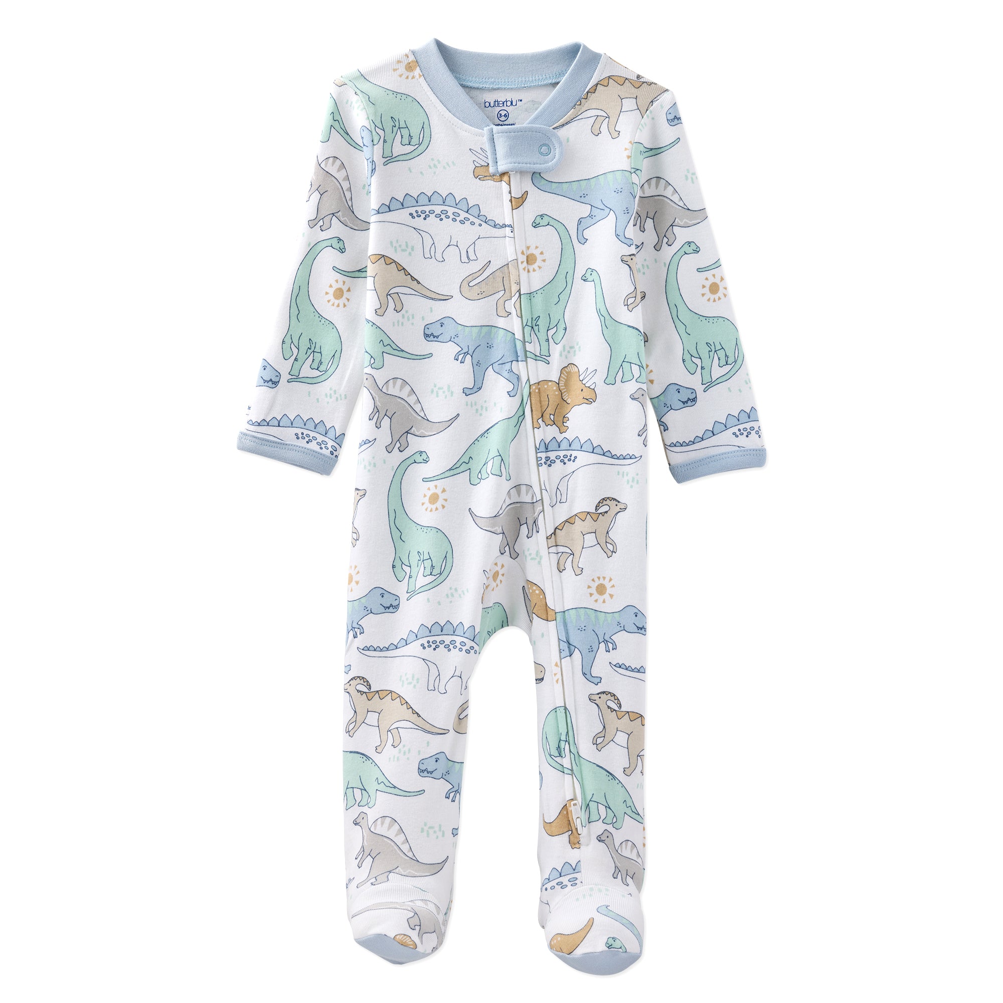 Baby onesie with dinosaur pattern on a white background