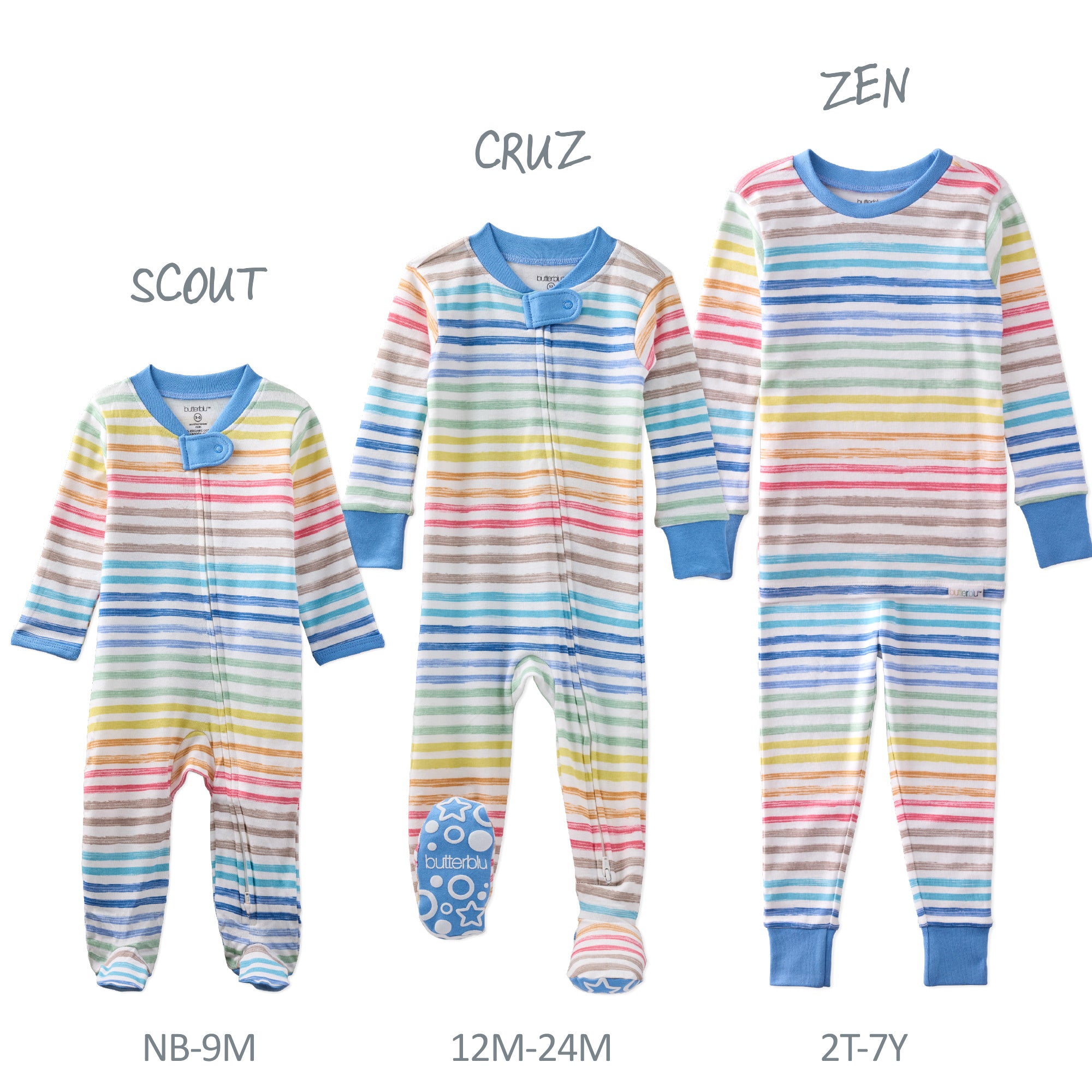 Three rainbow-striped baby onesies labeled 'Scout', 'Cruz', and 'Zen' with size labels below on a white background.