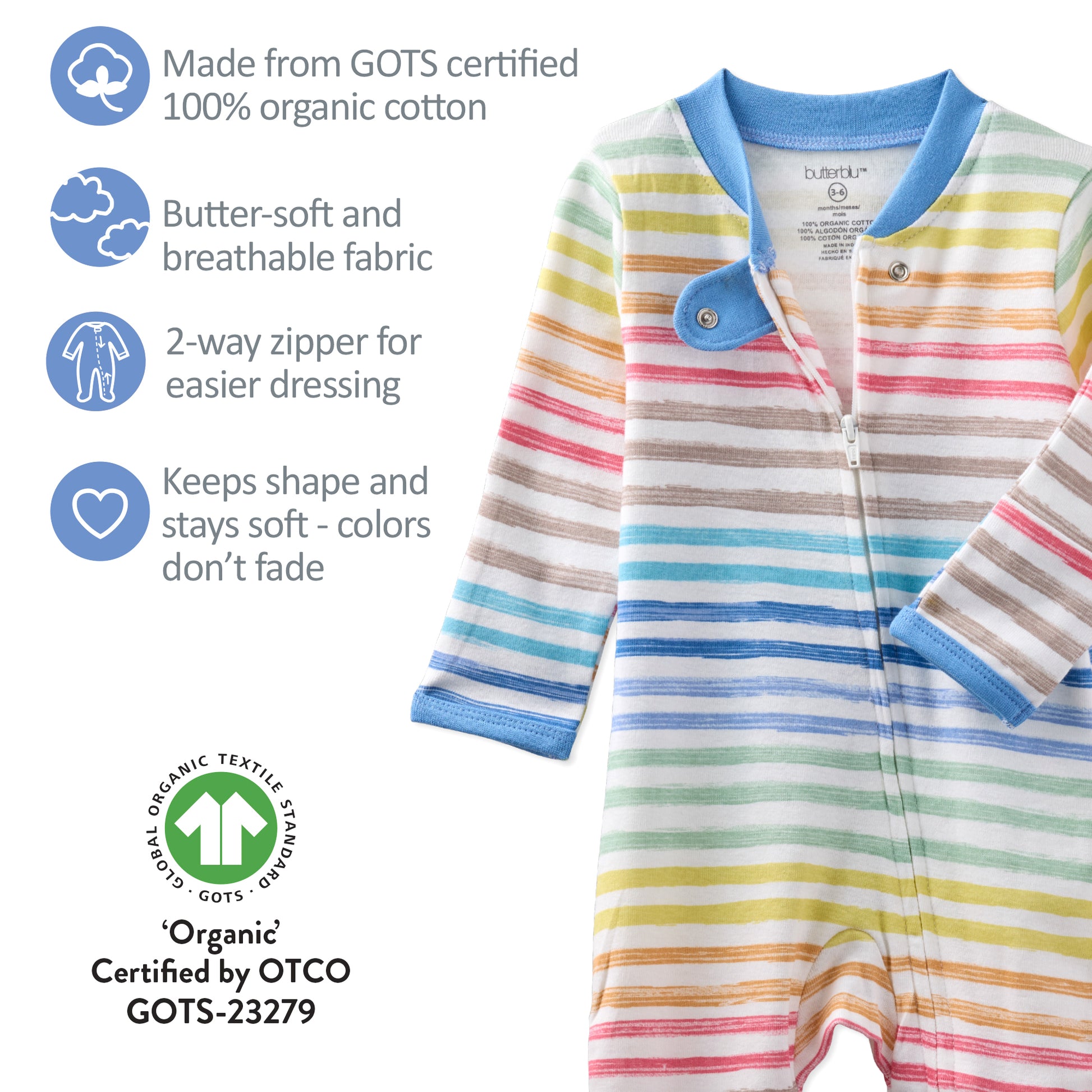 Striped baby onesie with GOTS certification details on a white background