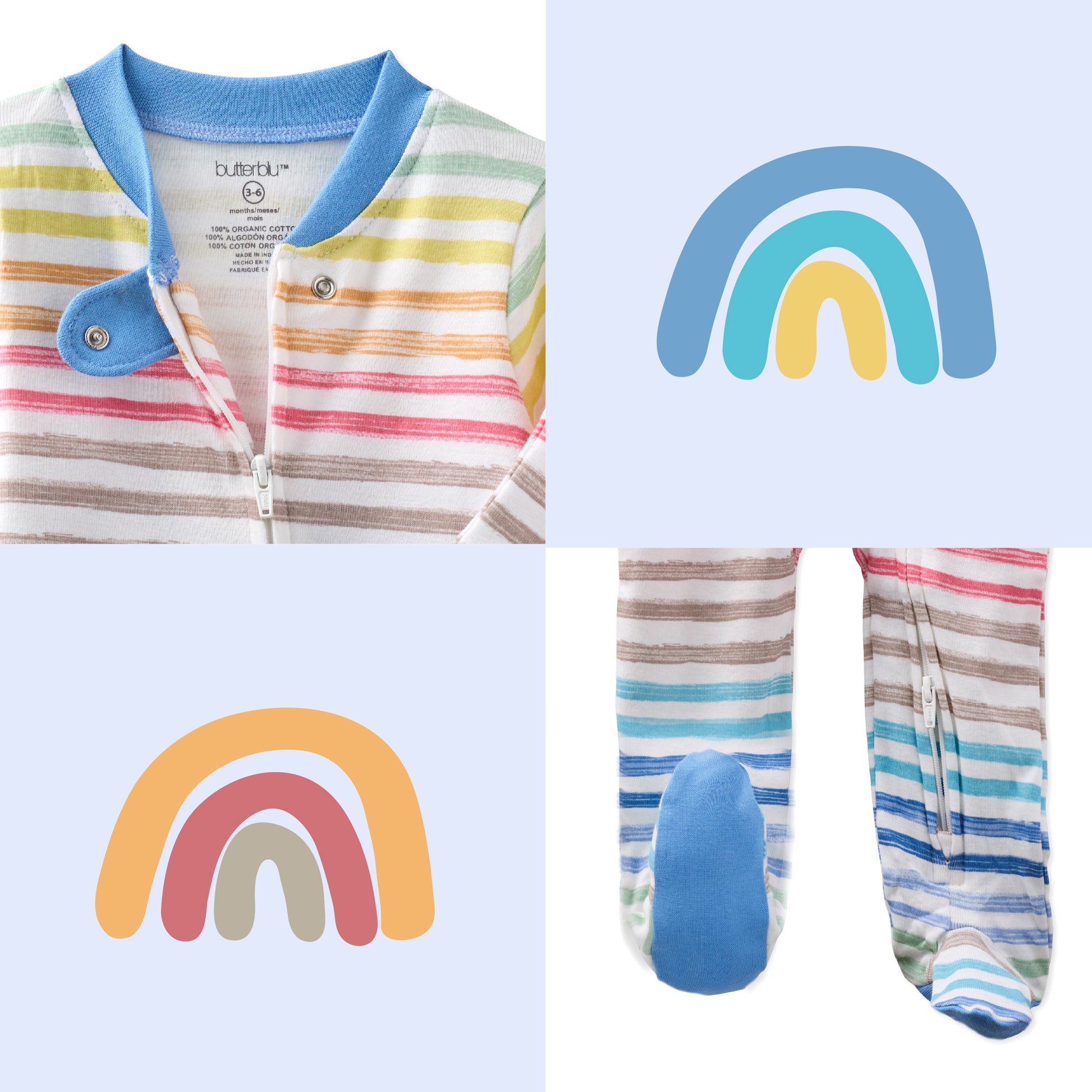 Baby onesie with rainbow design and blue accents, displayed with a rainbow graphic on a light blue background.