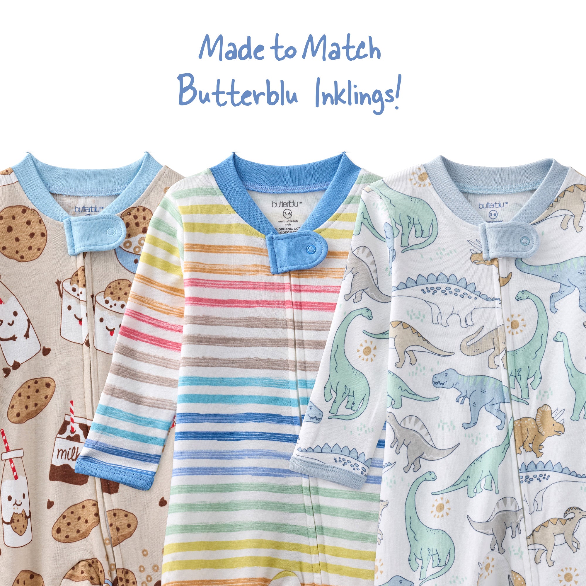 Three children's sleepwear pieces with different patterns on a white background, featuring the brand 'Butterblu'.