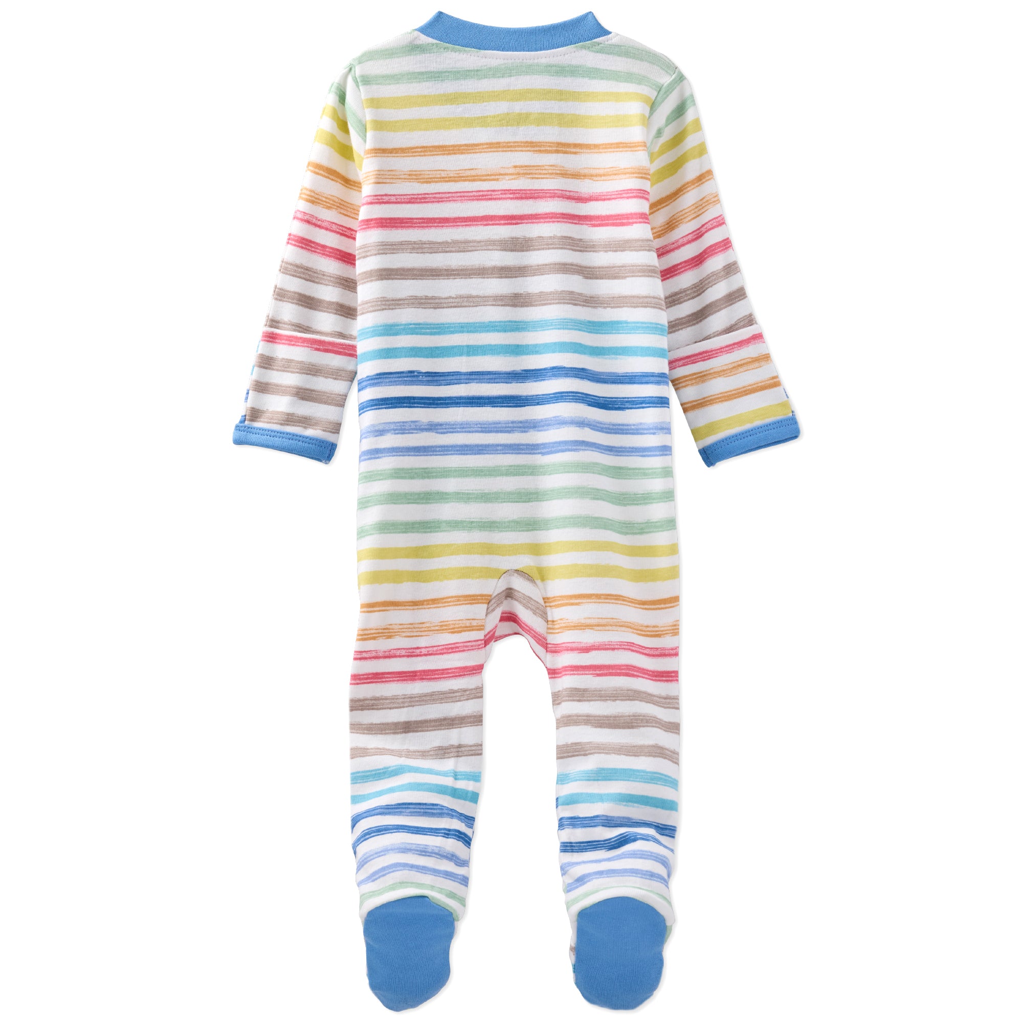 Multicolored striped baby onesie on a white background