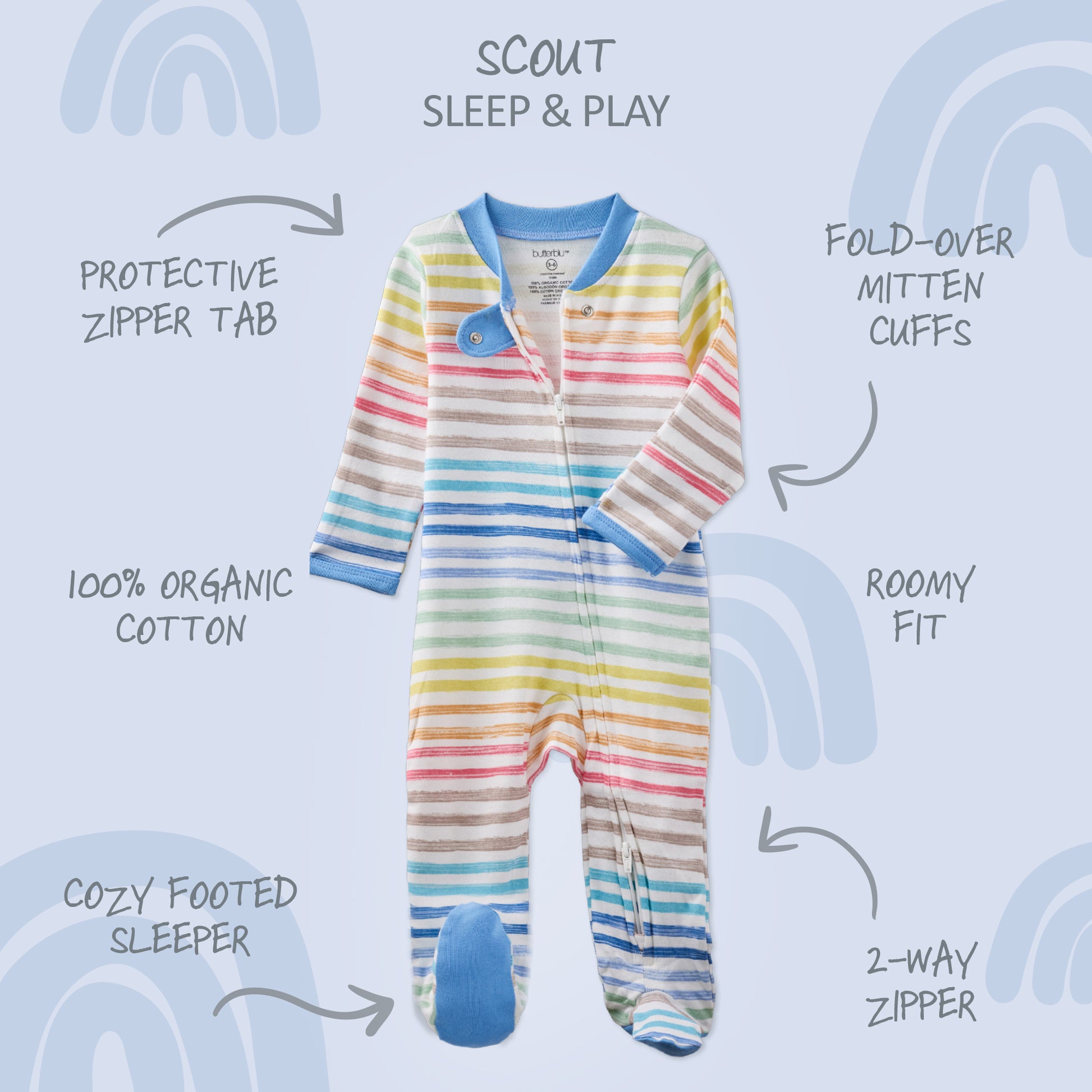 Baby onesie with rainbow stripes and blue accents on a light blue background with text describing features.