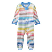 Colorful striped baby onesie with blue trim on a white background