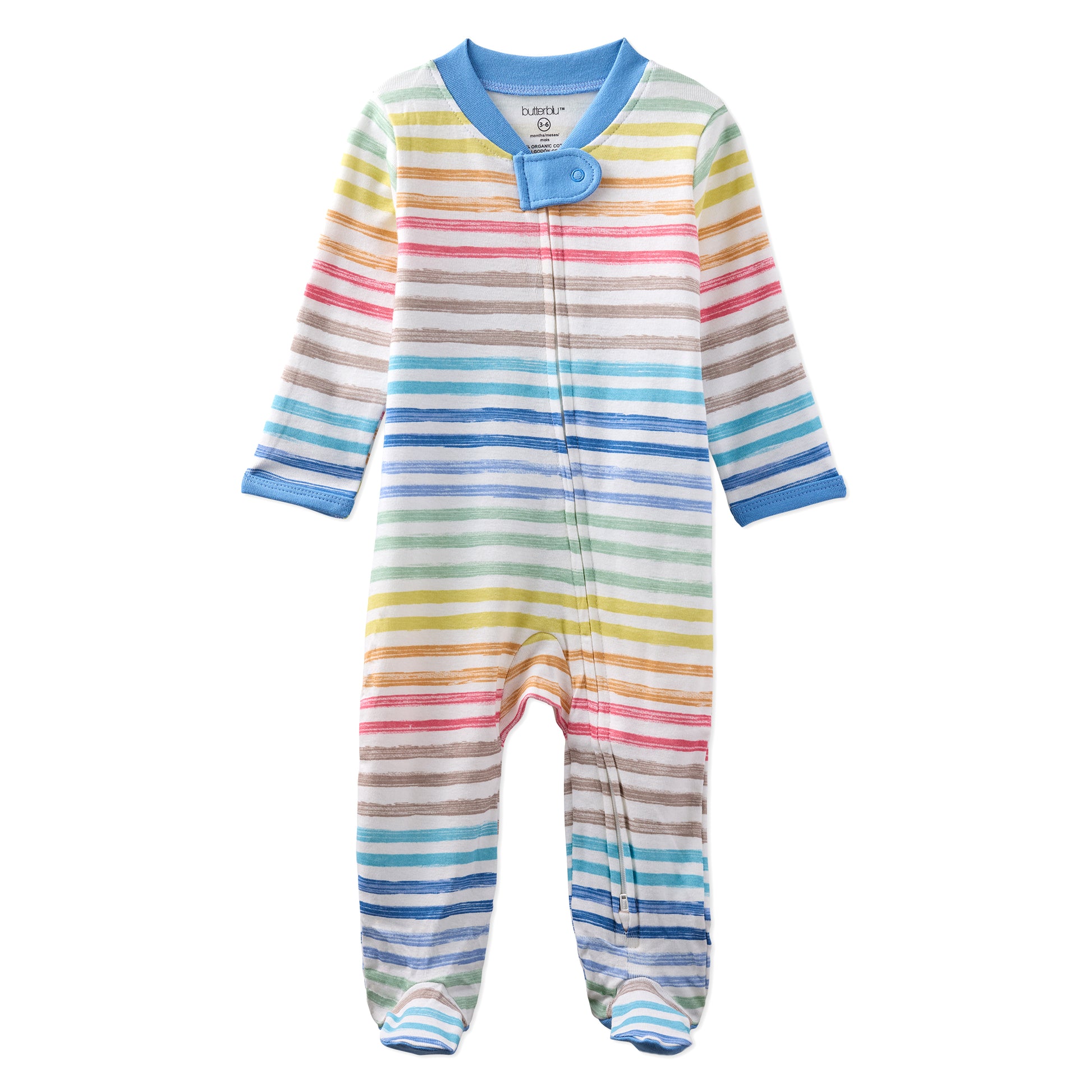 Colorful striped baby onesie with blue trim on a white background