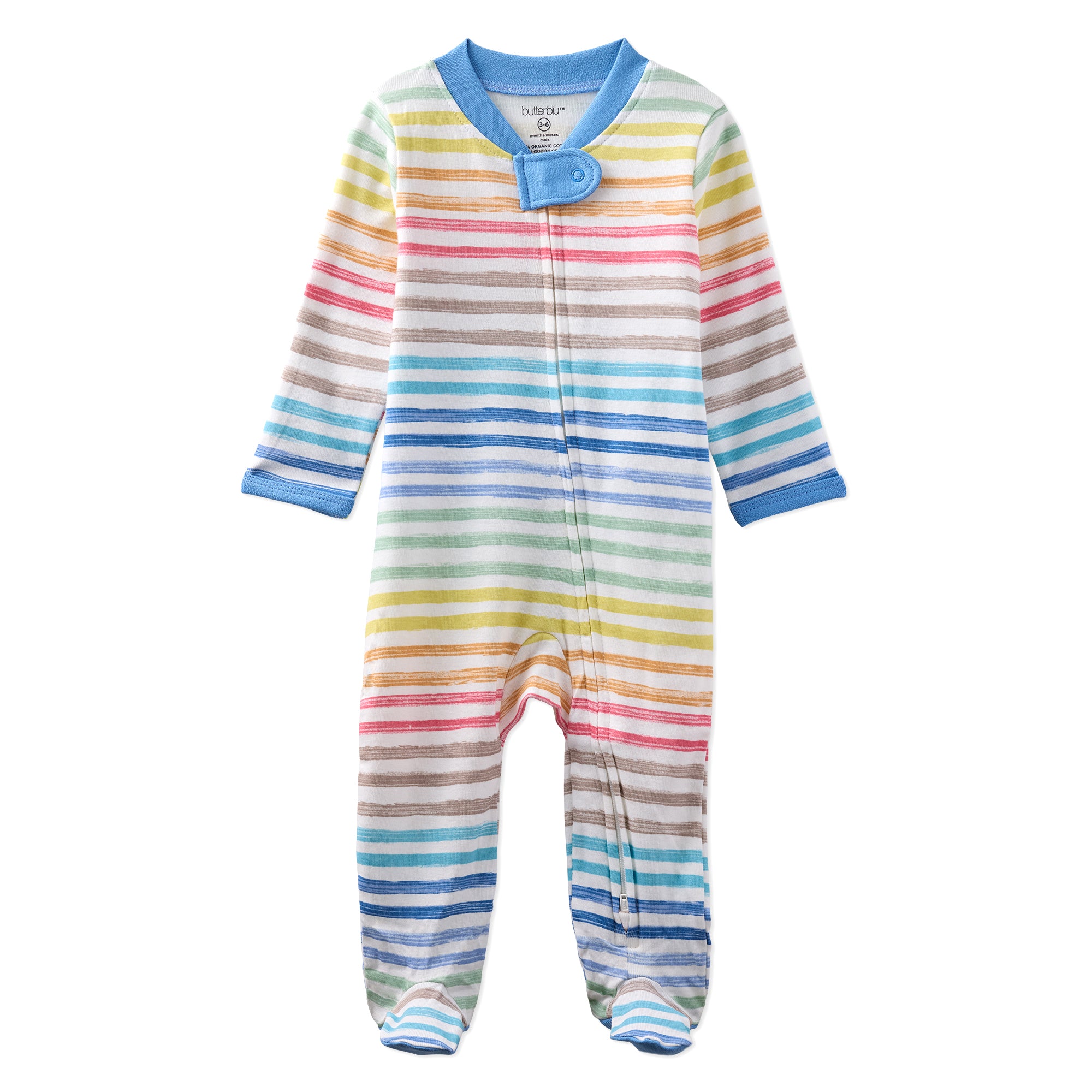 Colorful striped baby onesie with blue trim on a white background