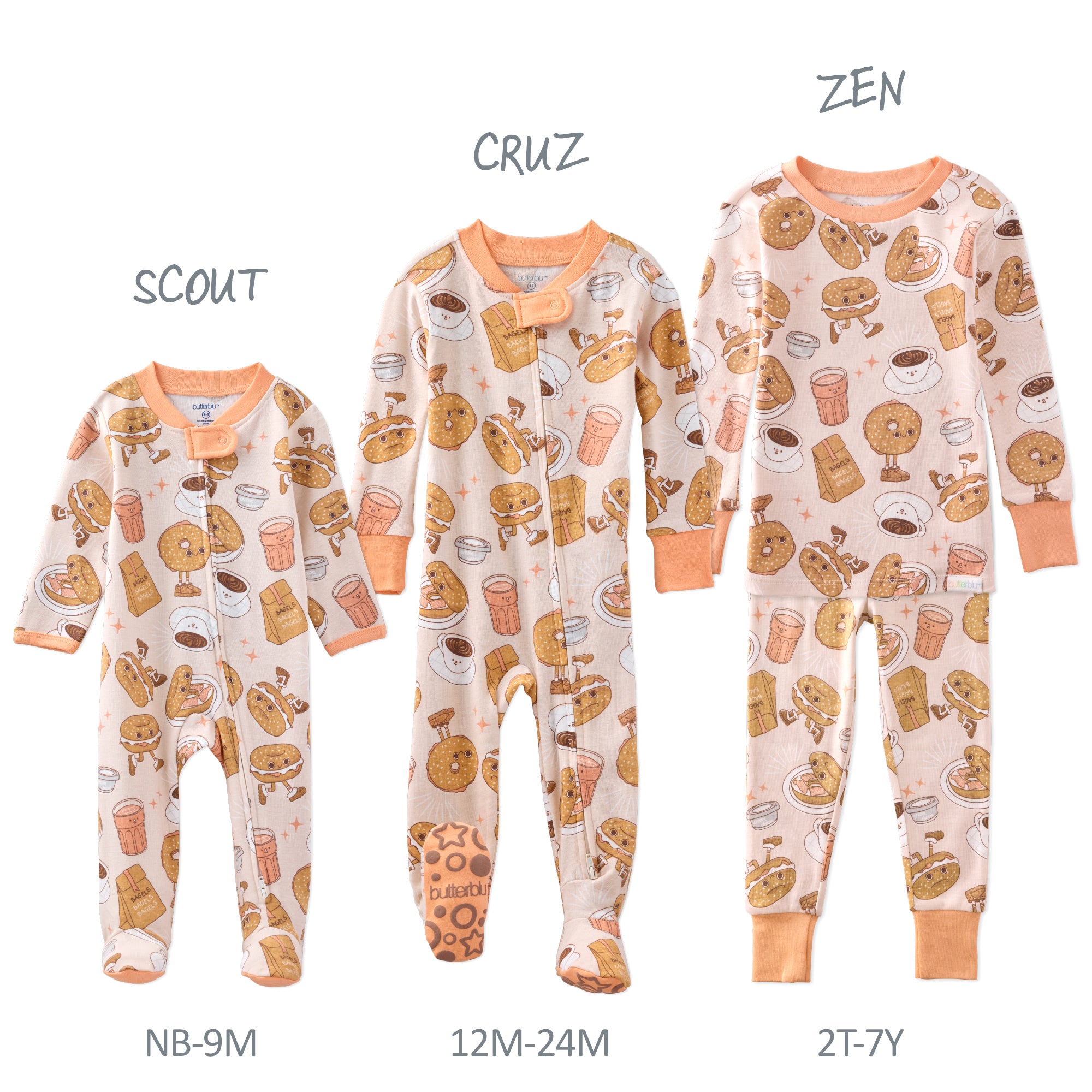 Three sizes of children's pajamas with patterns and labels 'Scout', 'Cruz', and 'Zen' on a white background.