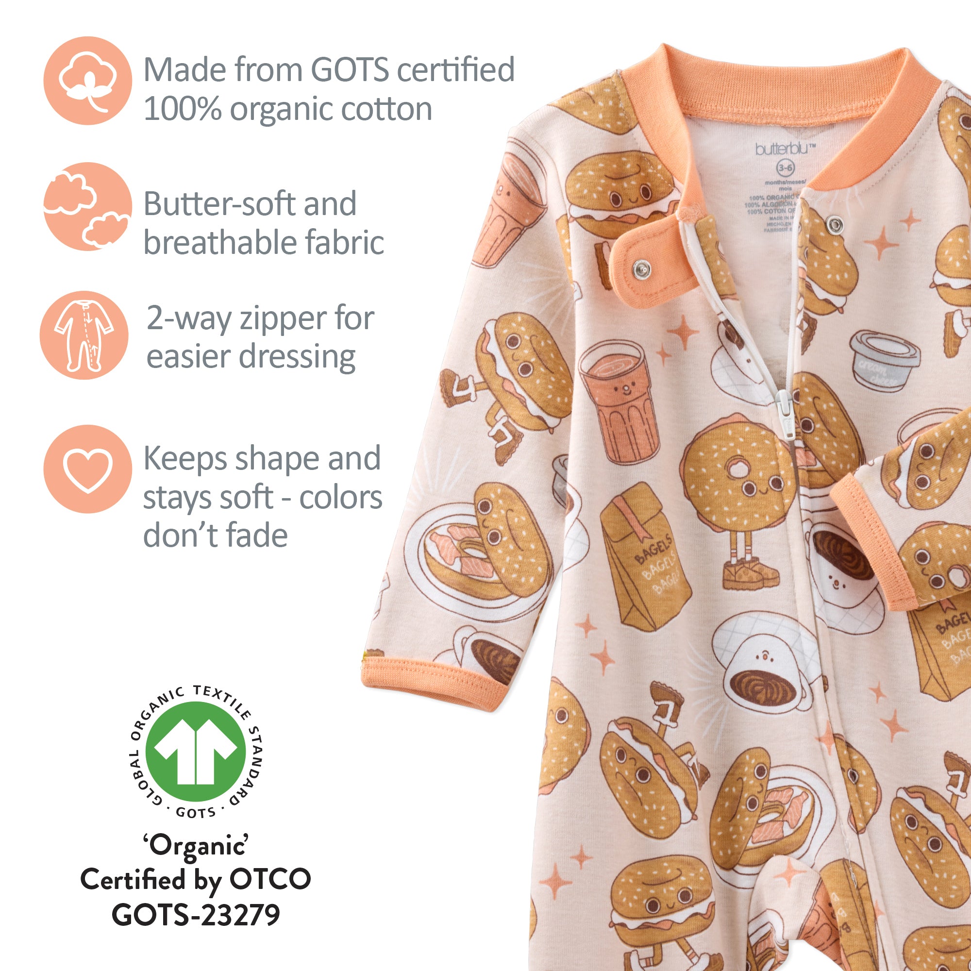 Children's onesie with food-themed design and product features listed on a white background
