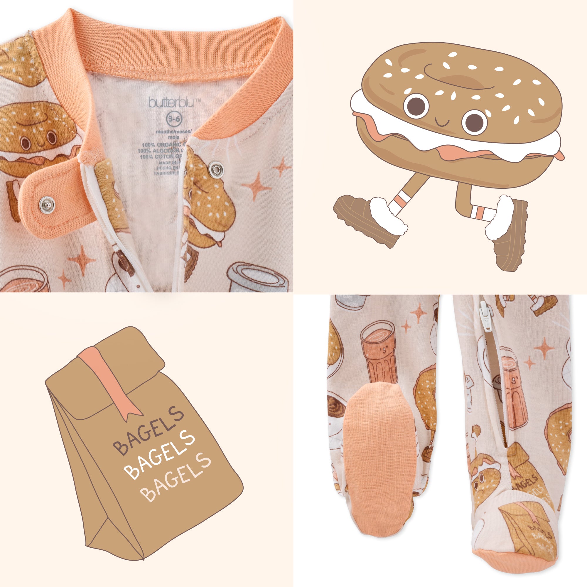 Baby onesie with bagel and burger design, including a bagel character illustration and baby bib.
