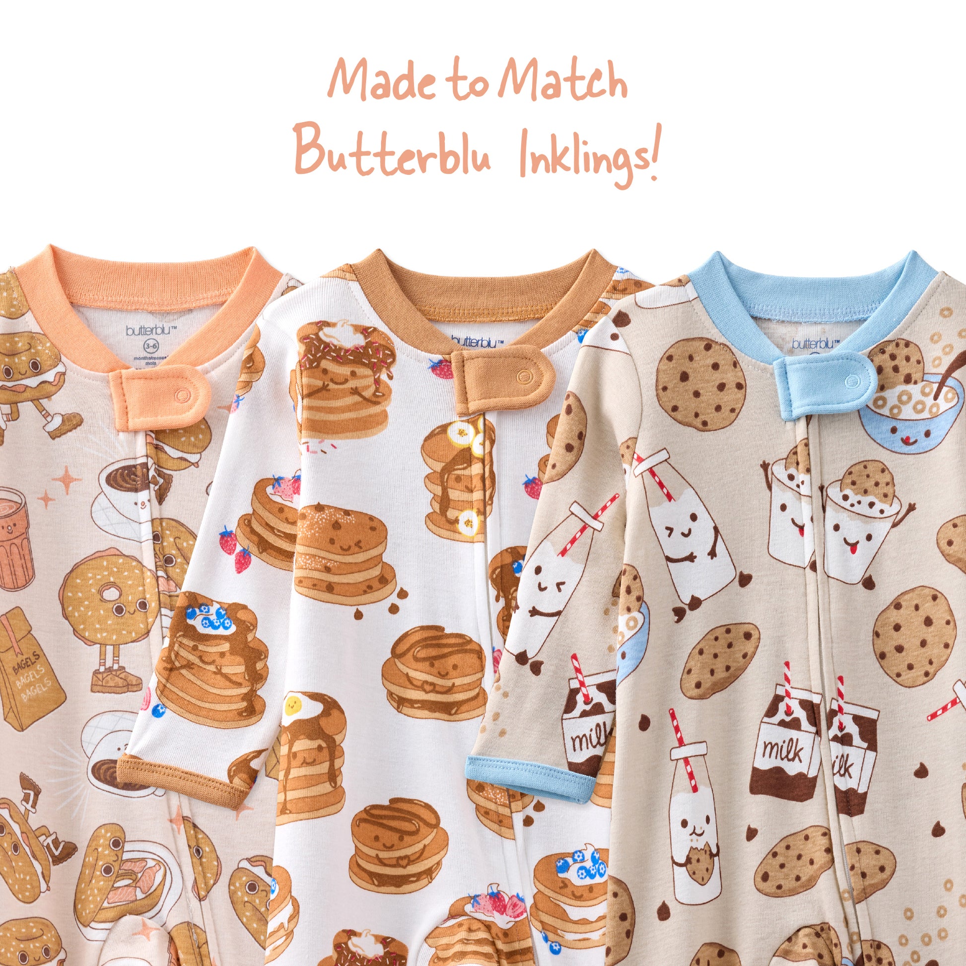 Three baby onesies with breakfast-themed patterns on a white background.