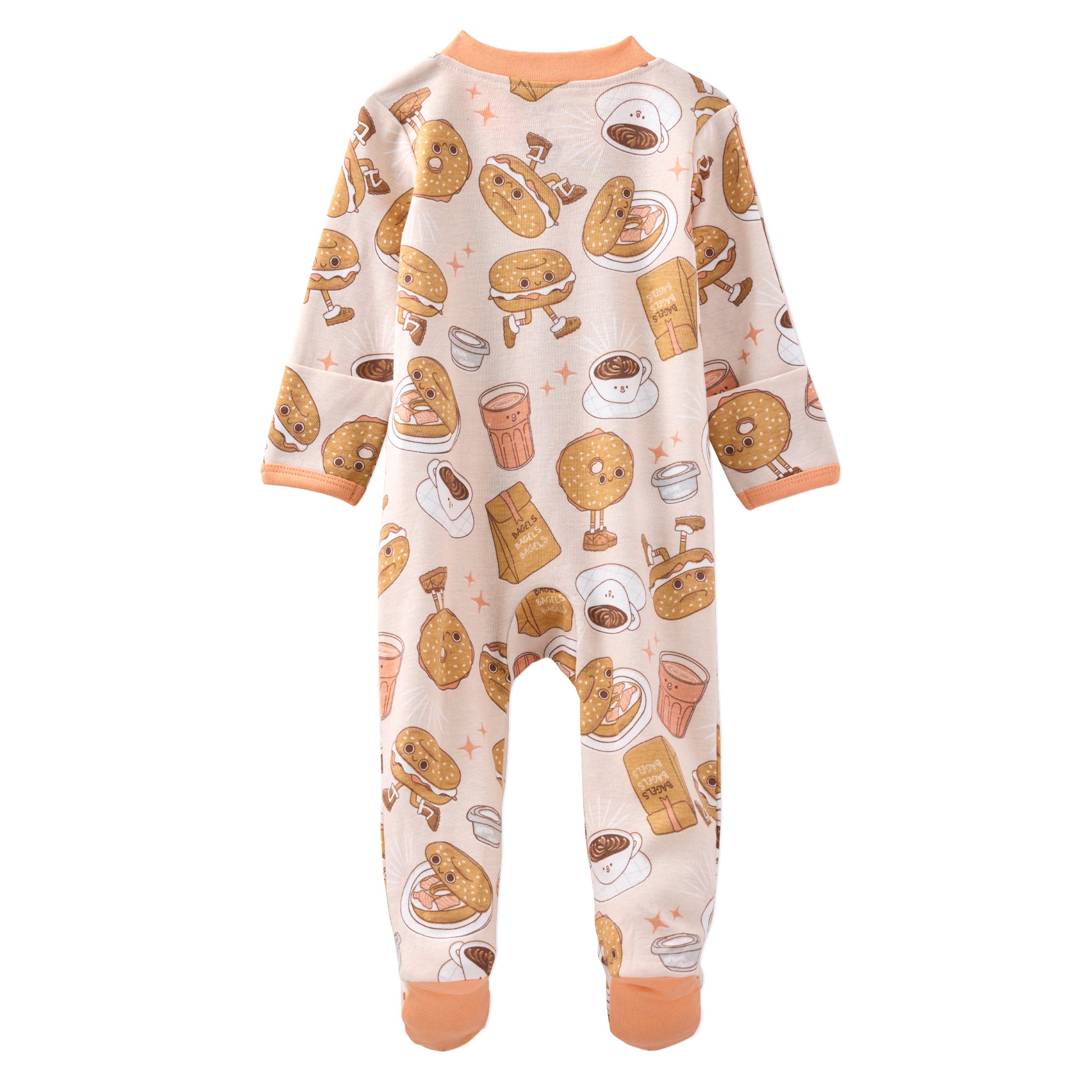 Baby onesie with coffee and cookie pattern on a white background