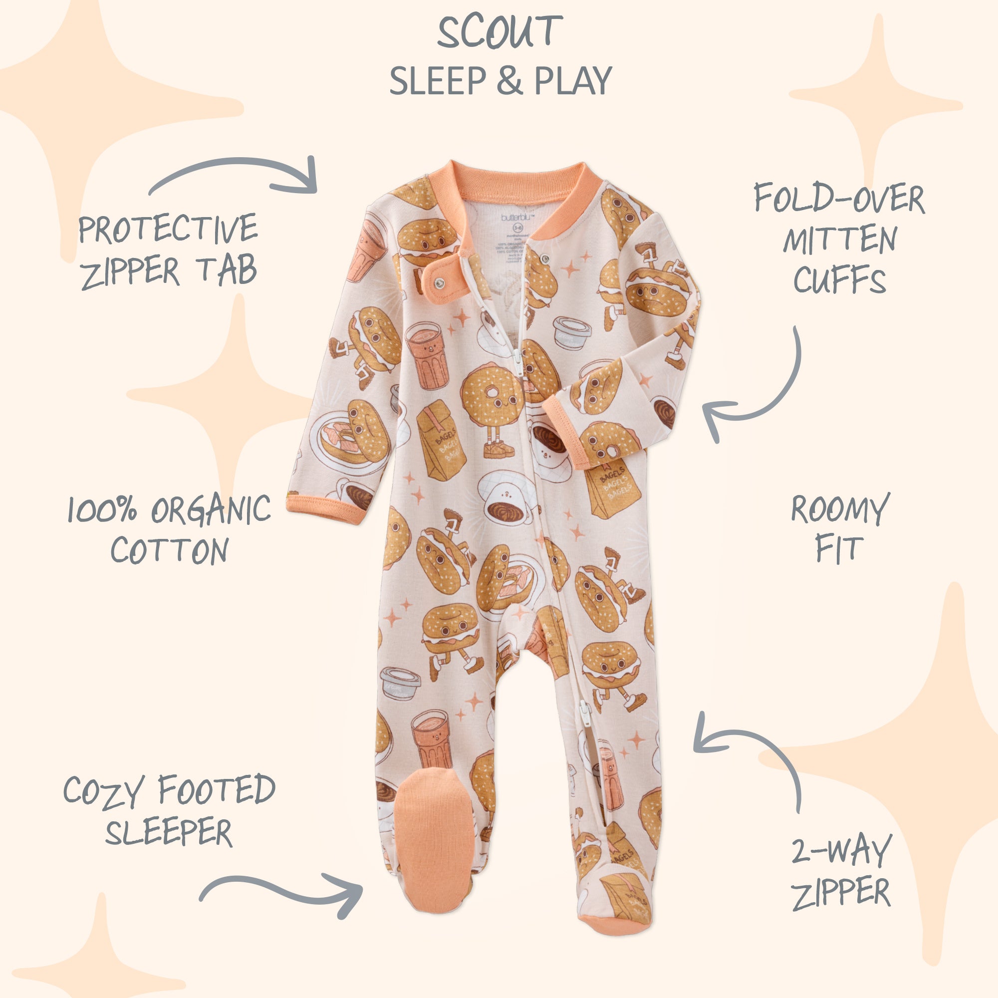 Baby onesie with cartoon design on a white background with text highlighting features.