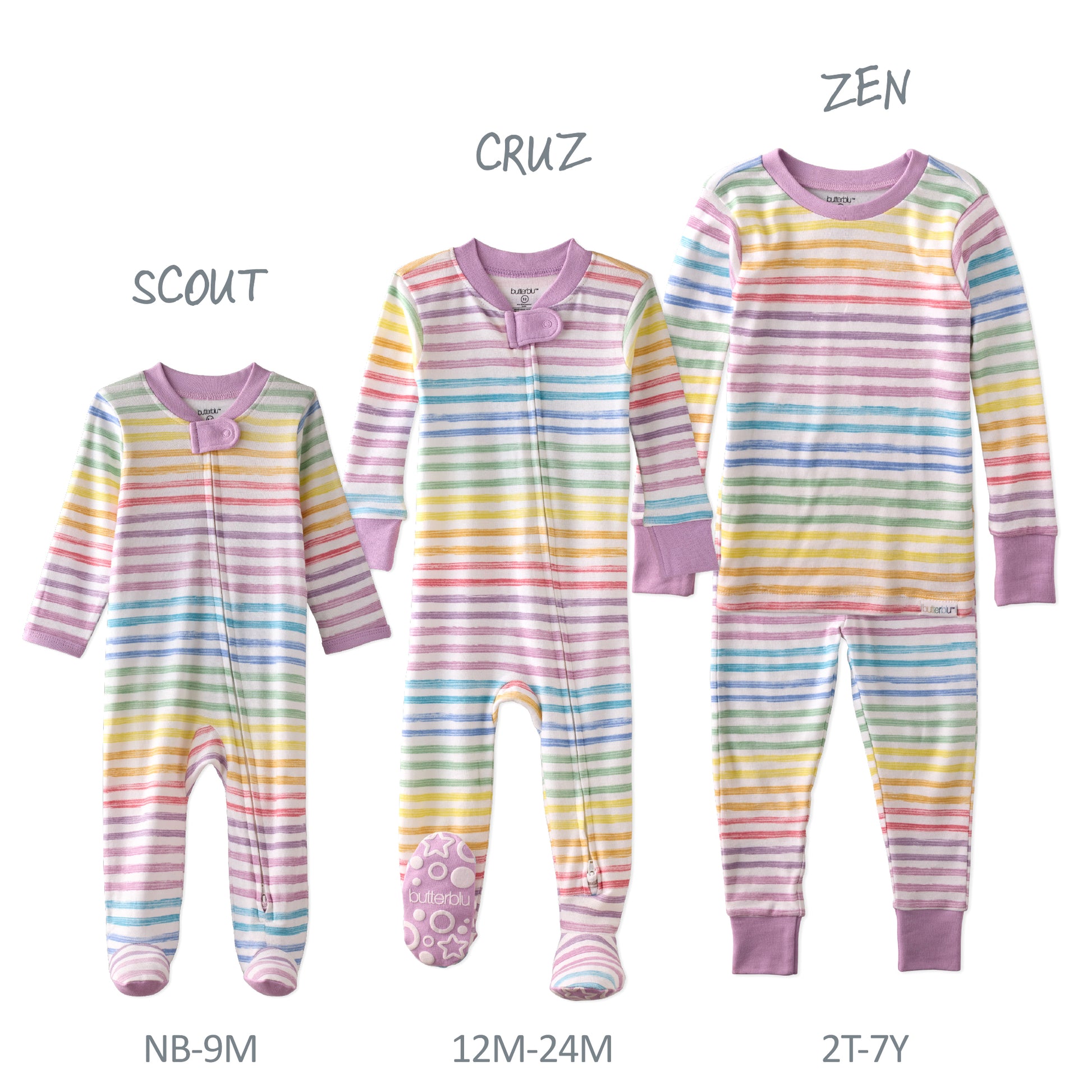 Three rainbow striped baby onesies labeled 'Scout', 'Cruz', and 'Zen' with size indicators on a white background.
