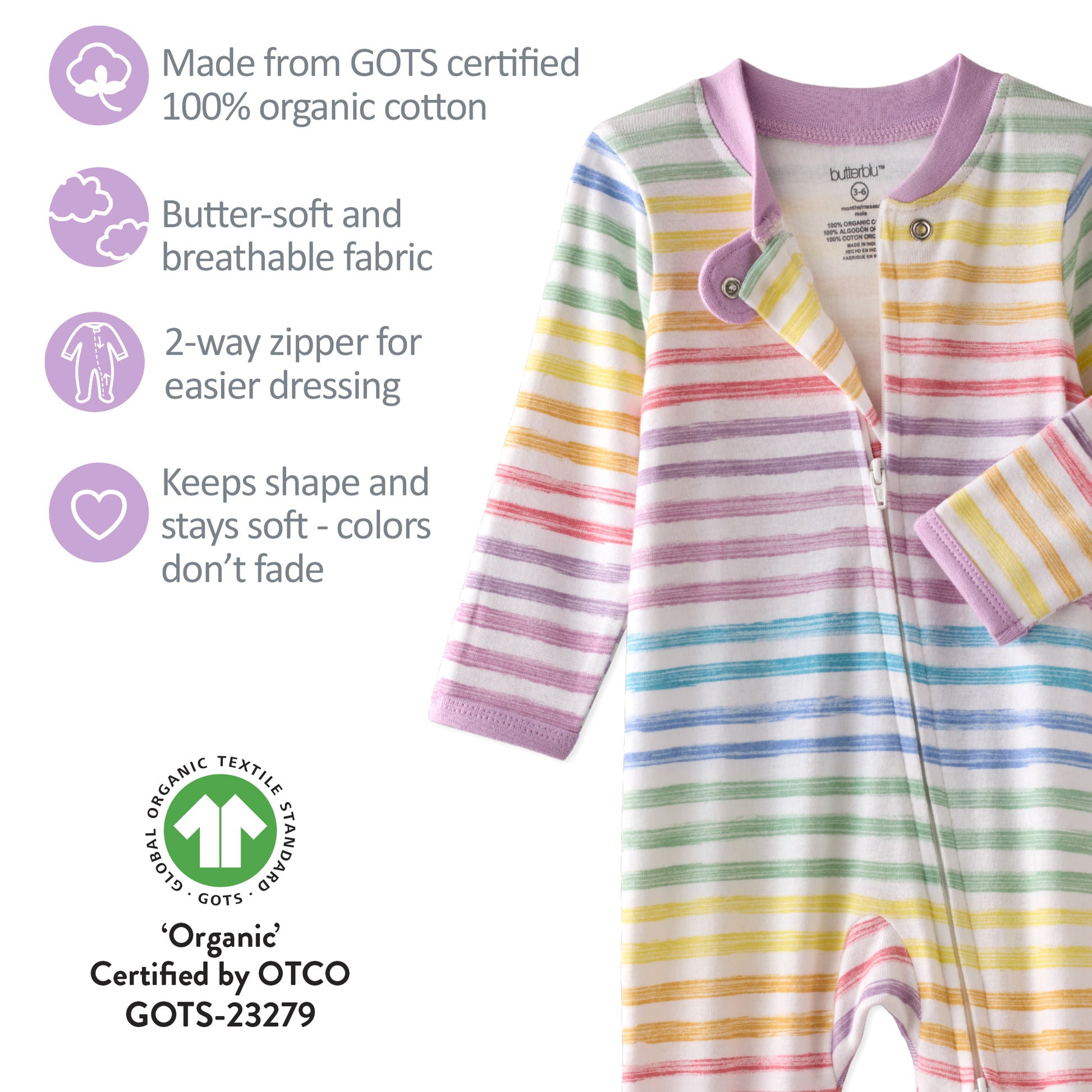 Striped baby onesie with organic cotton certification details on a white background