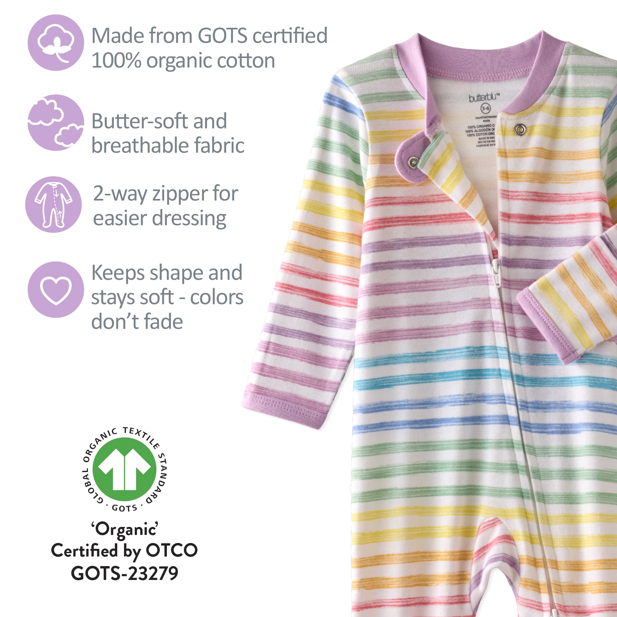 Striped baby onesie with organic cotton certification details on a white background