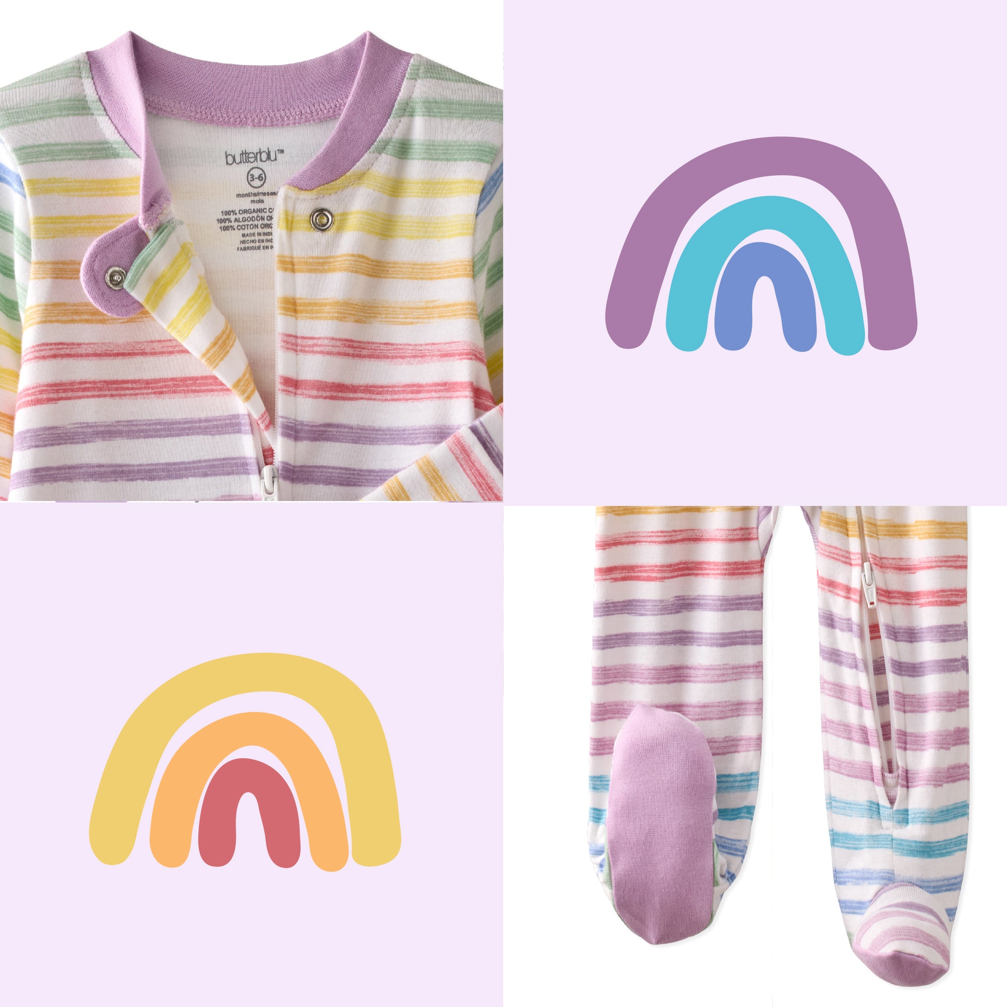 Baby outfit with rainbow pattern, including a cardigan, pants, and socks, on a white background.