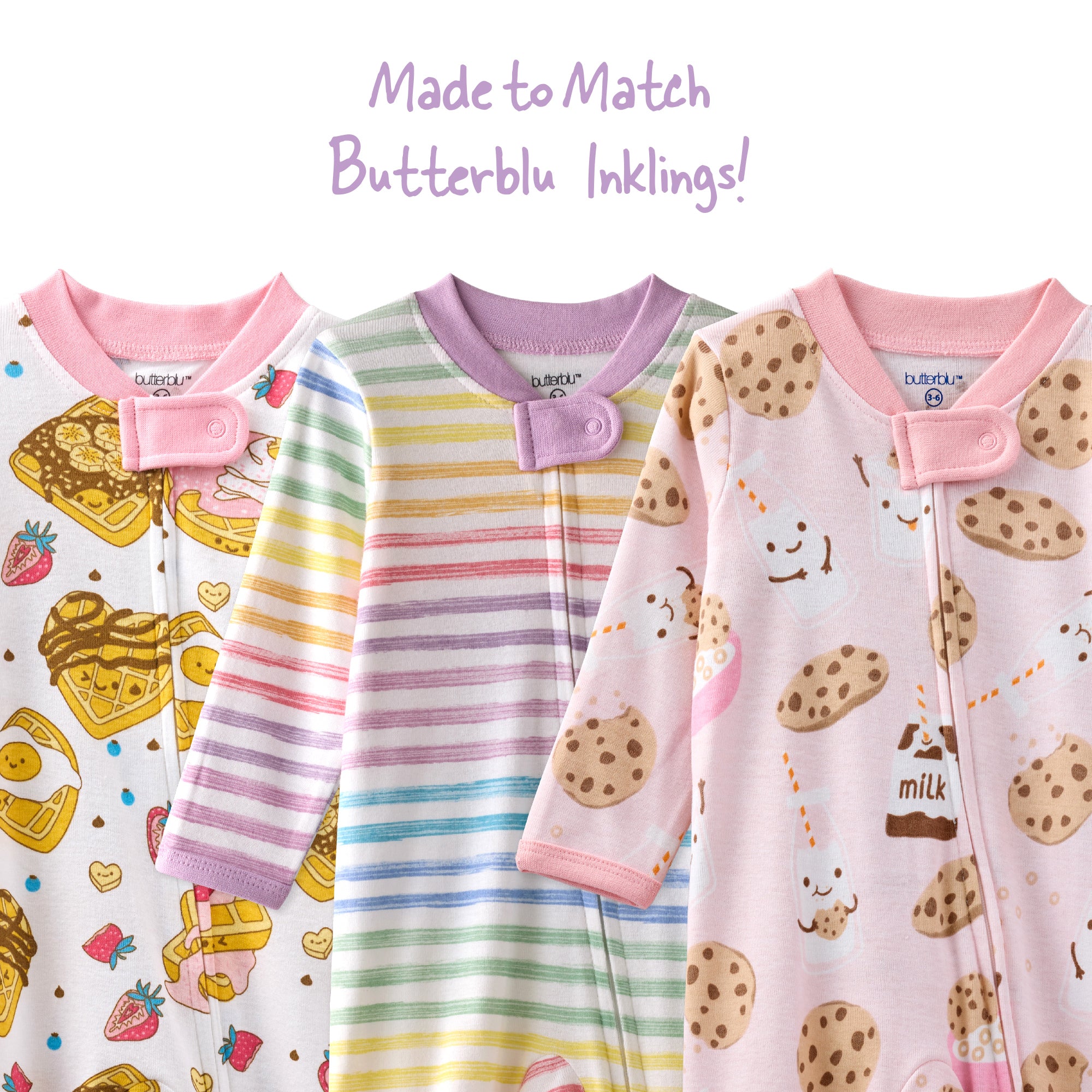 Three children's sleepwear pajamas with different patterns and colors on a white background.