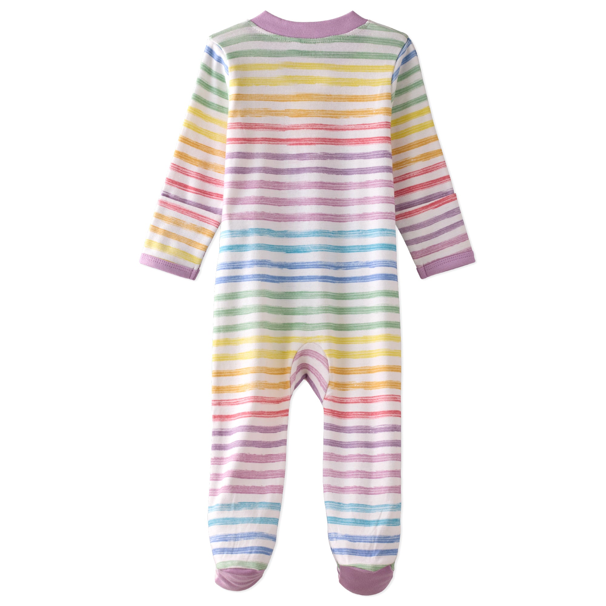 Multicolored striped baby onesie on a white background