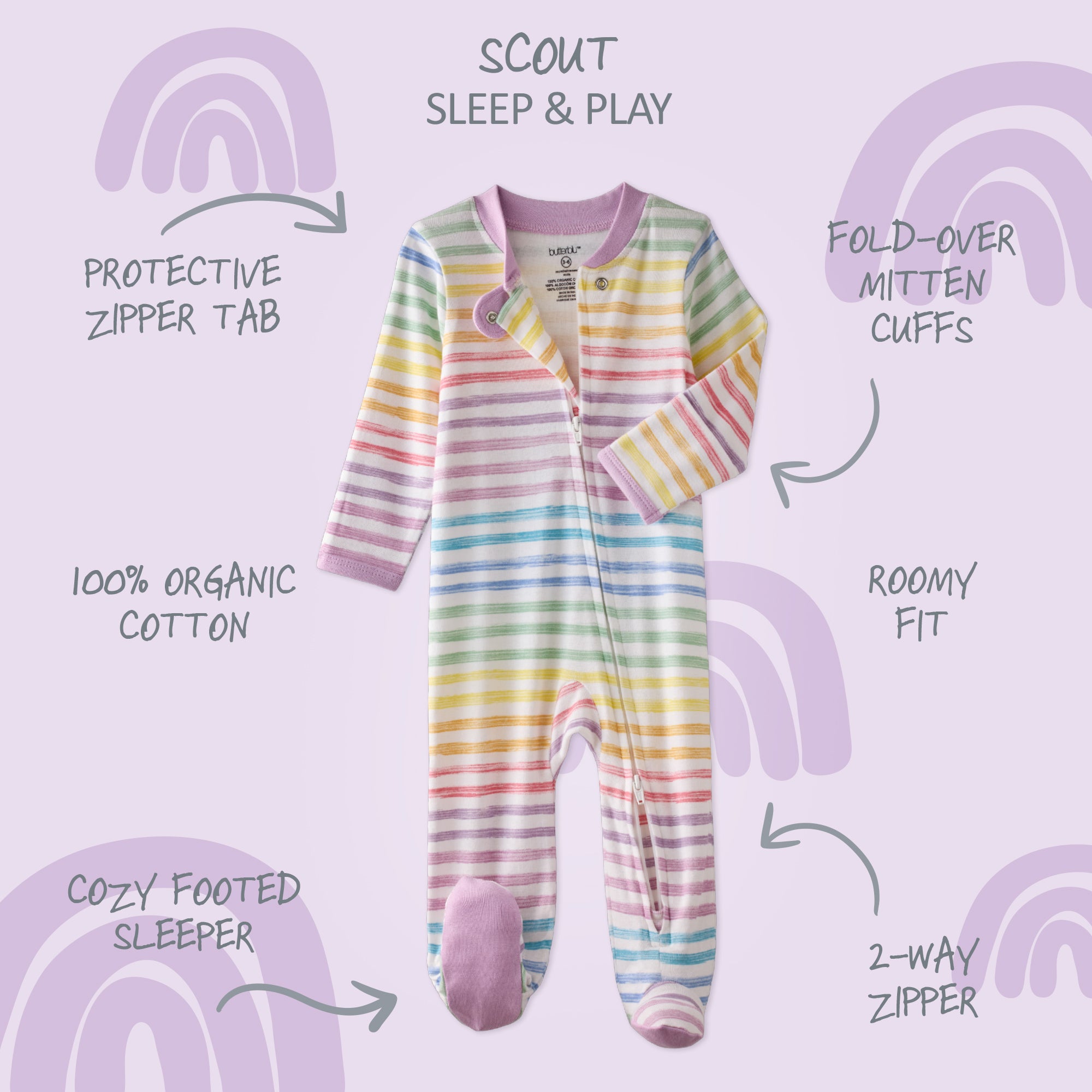 Rainbow striped baby onesie with features listed on a light purple background