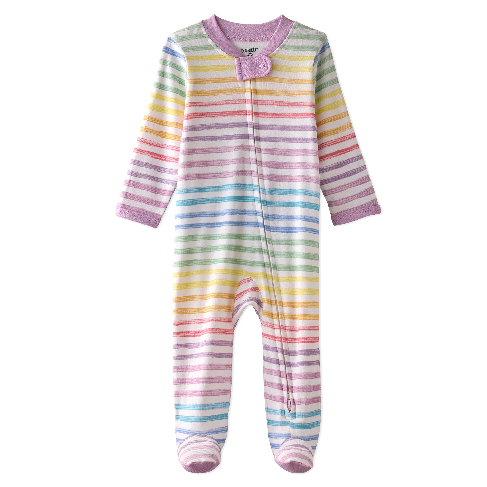 Multicolored striped baby onesie with a pink top on a white background
