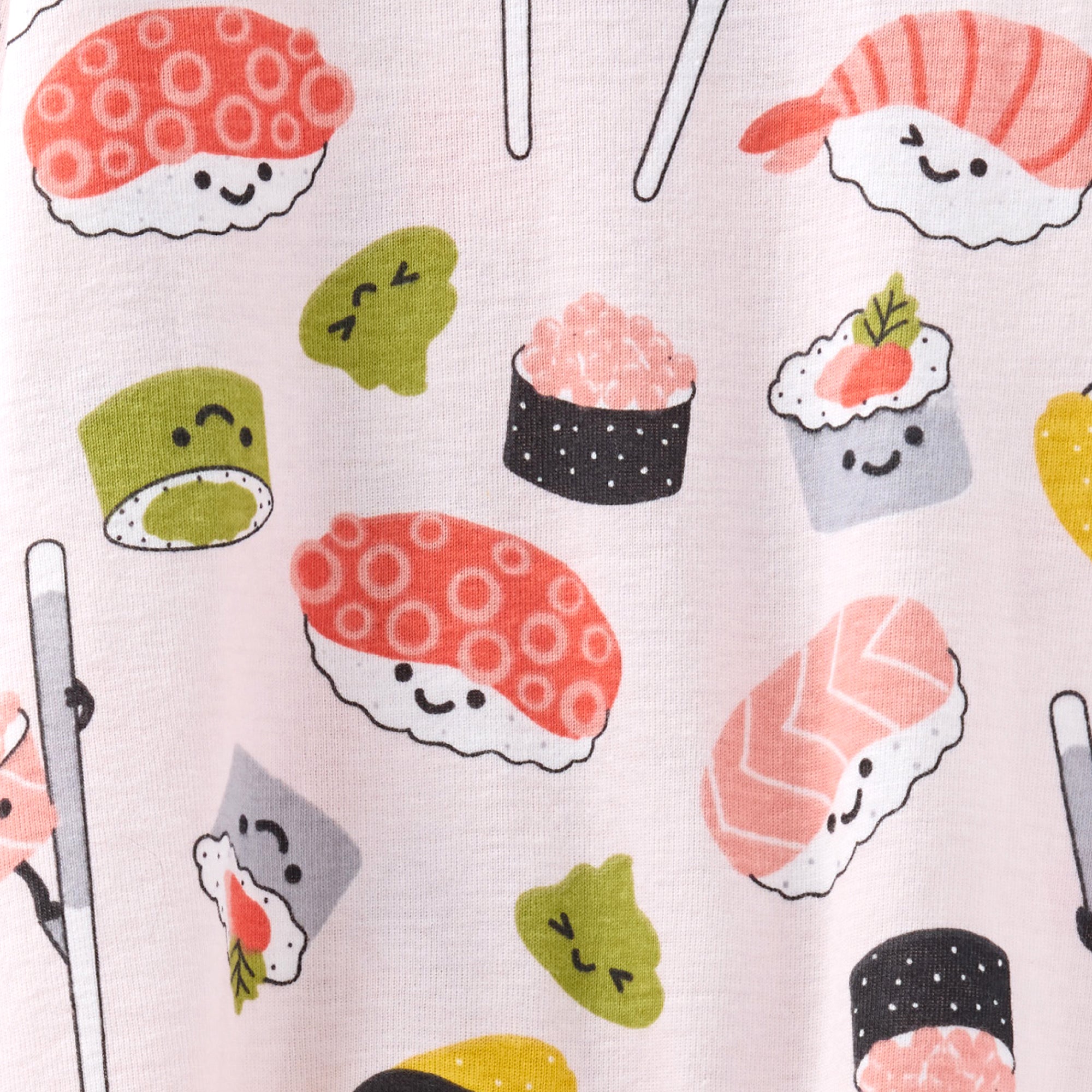 Pattern of cartoon sushi characters on a light background