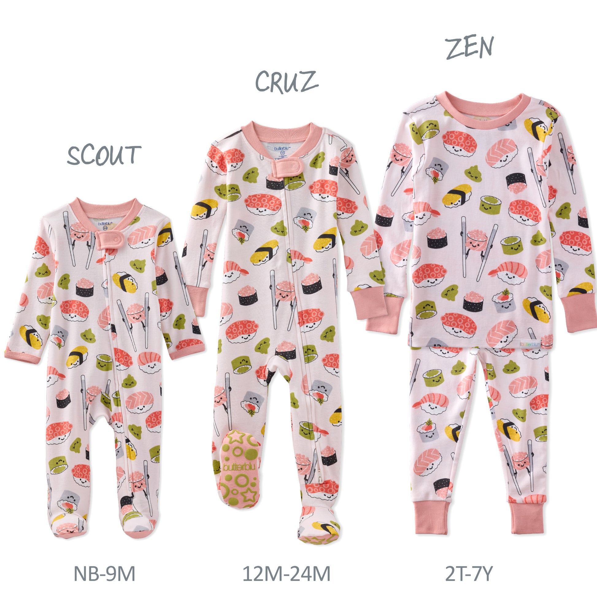 Children's pajamas with sushi pattern labeled 'Scout', 'Cruz', and 'Zen' in various sizes.
