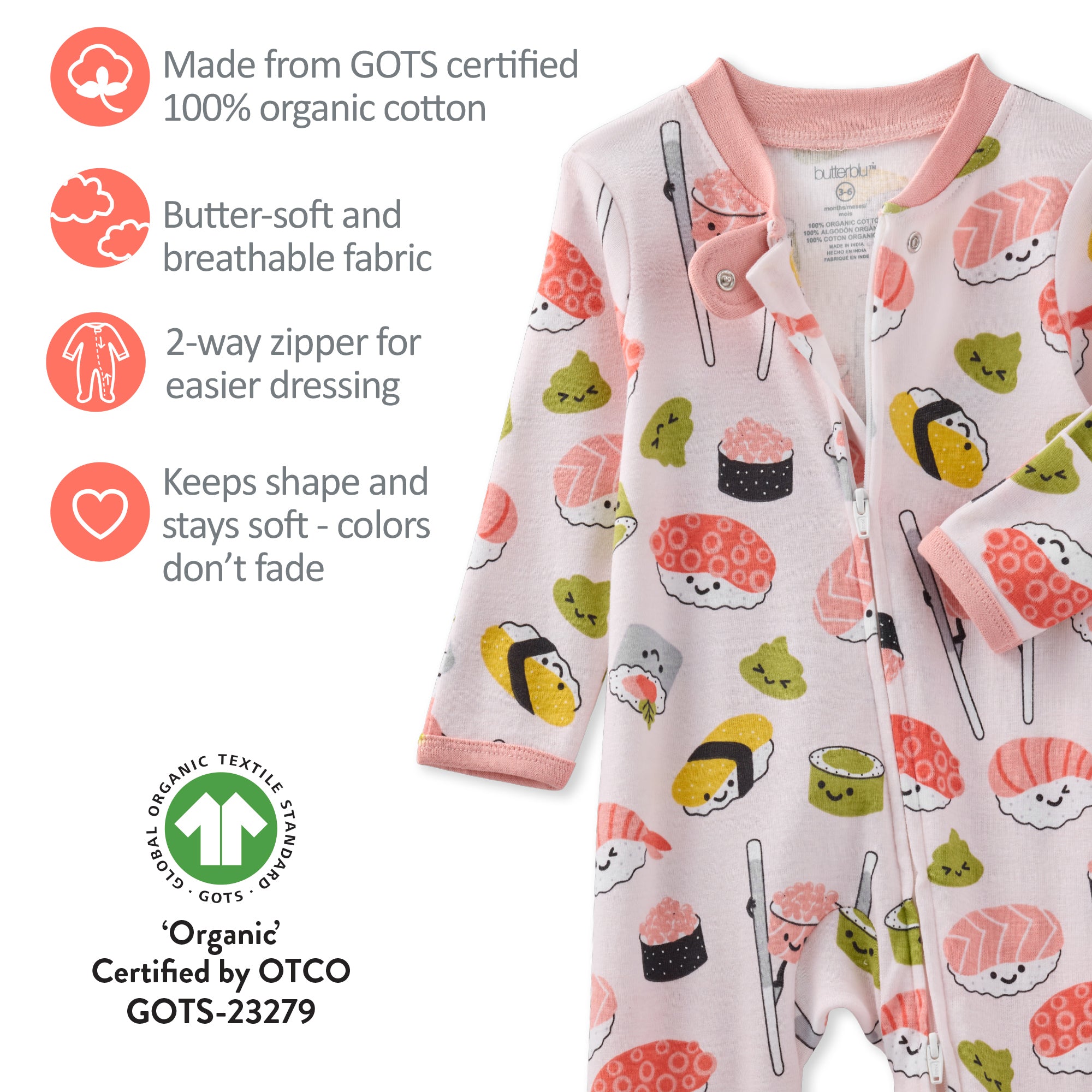Baby onesie with sushi pattern and certification details on a white background