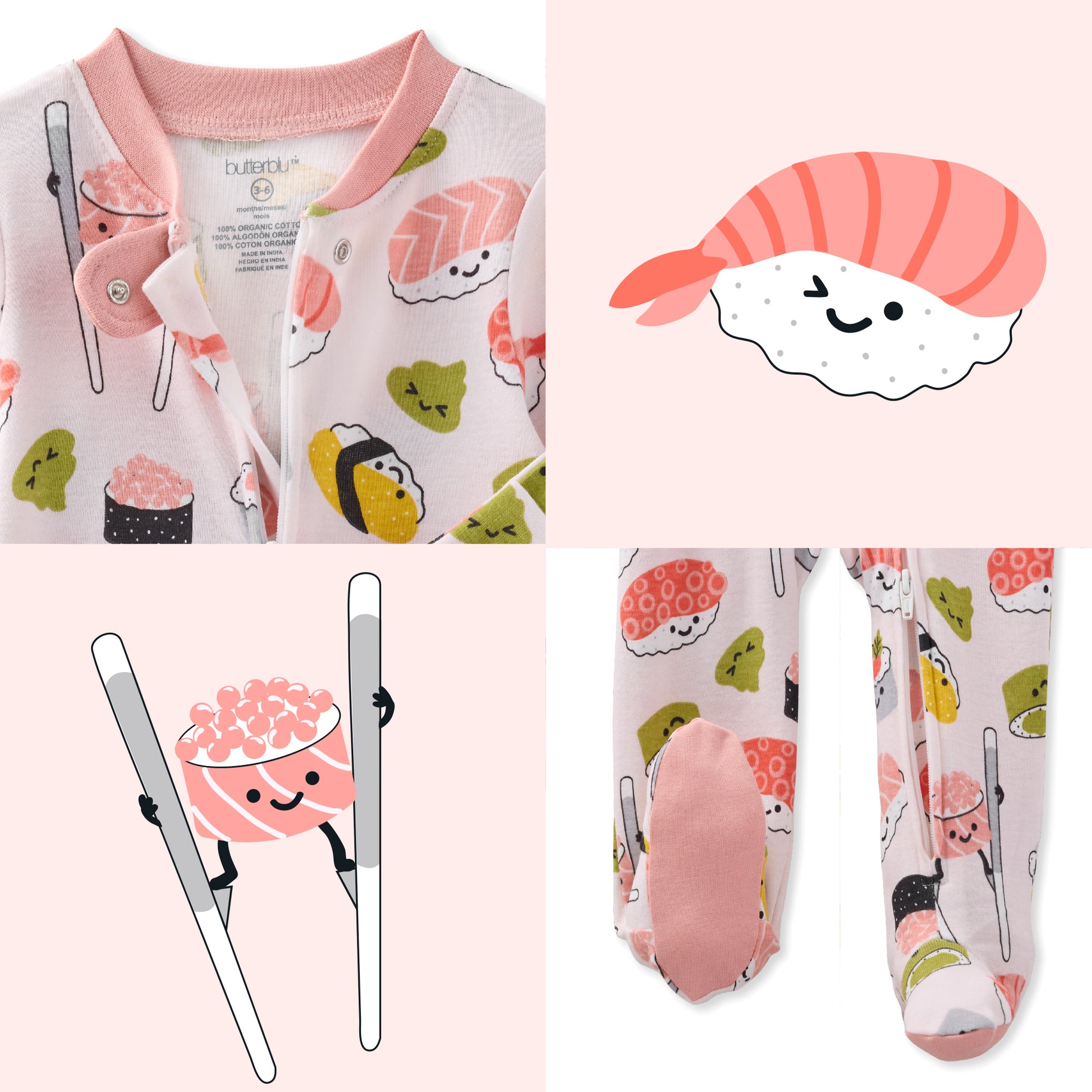 Baby outfit with sushi-themed design on a pink background