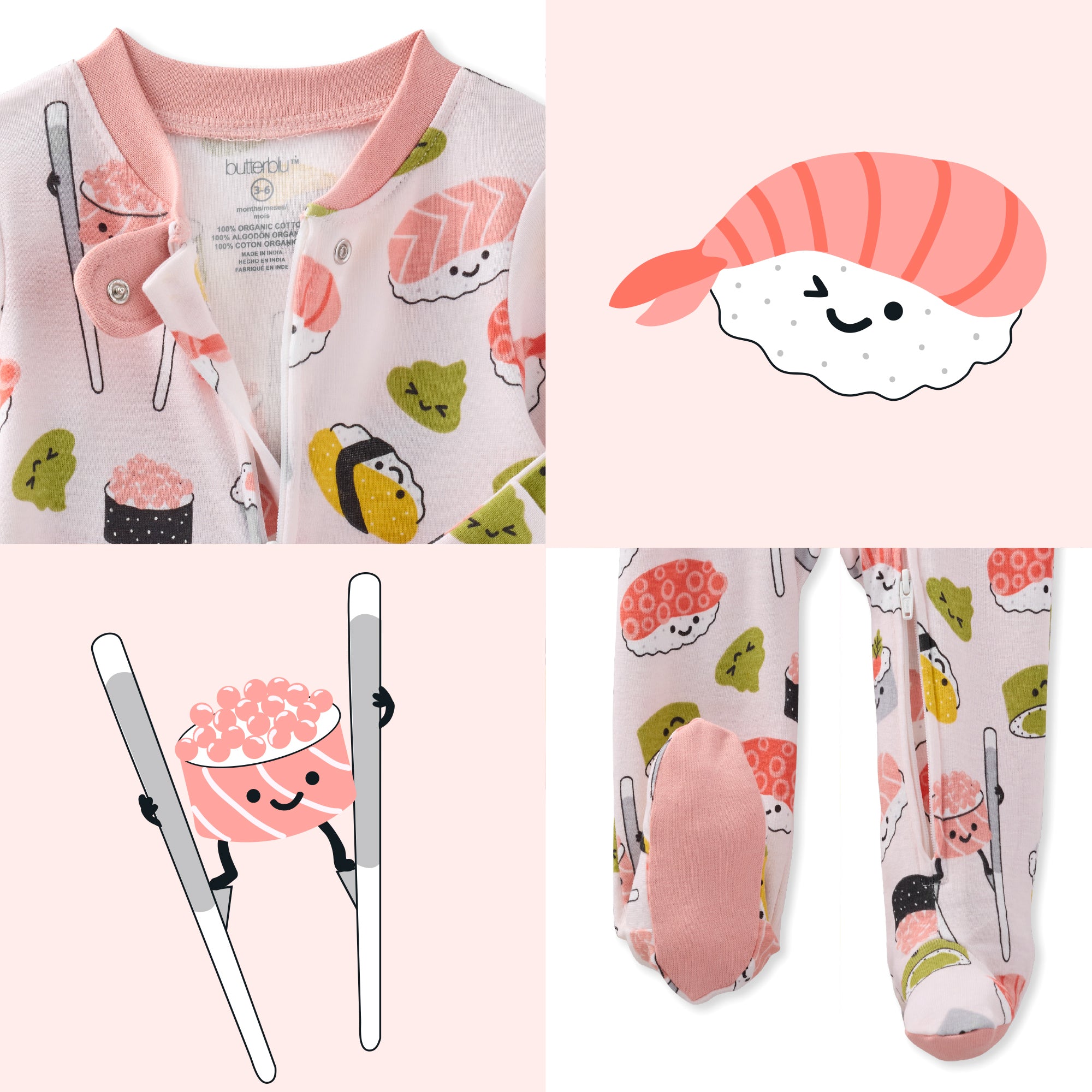 Baby outfit with sushi-themed design on a pink background