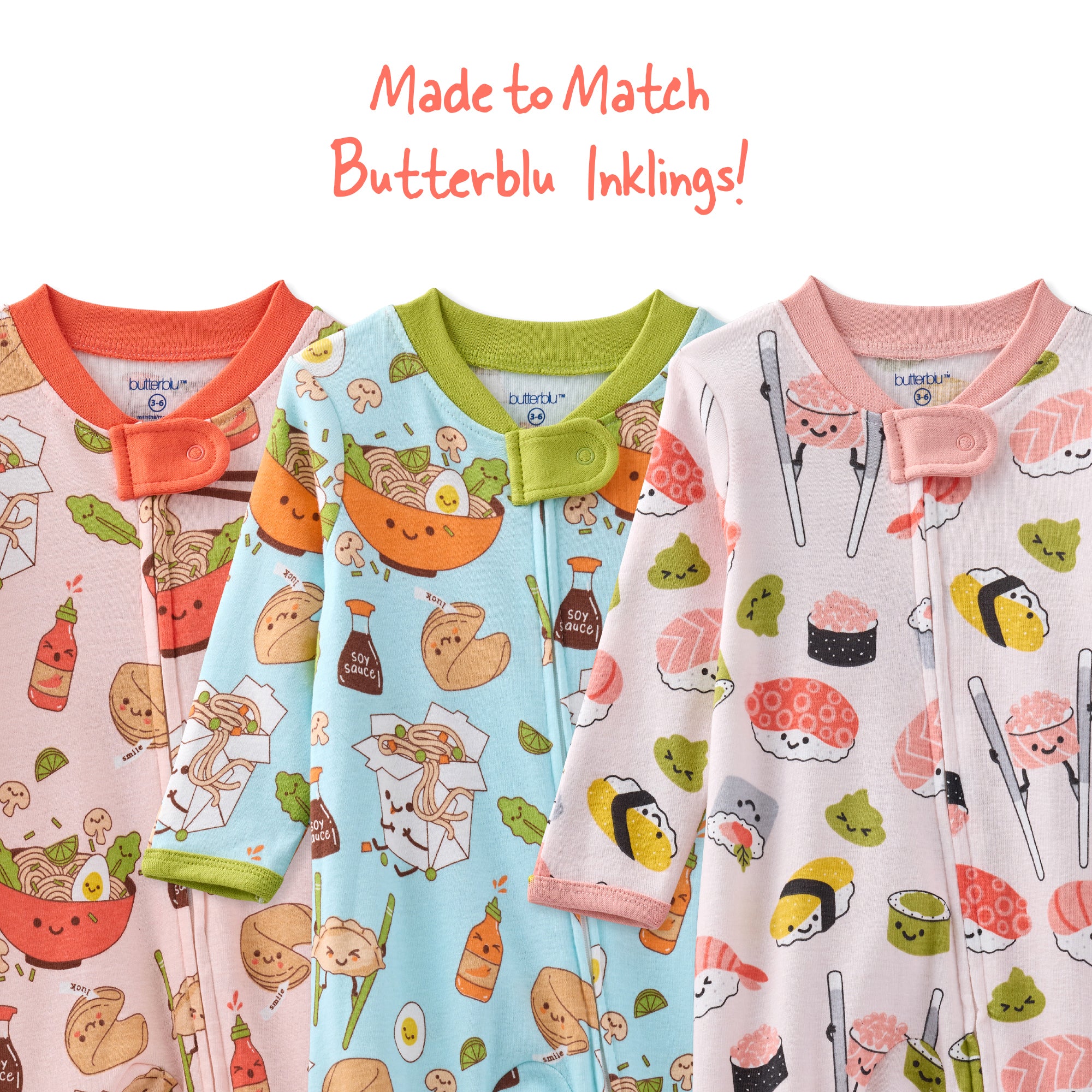 Three children's pajamas with cartoon food patterns on a white background.