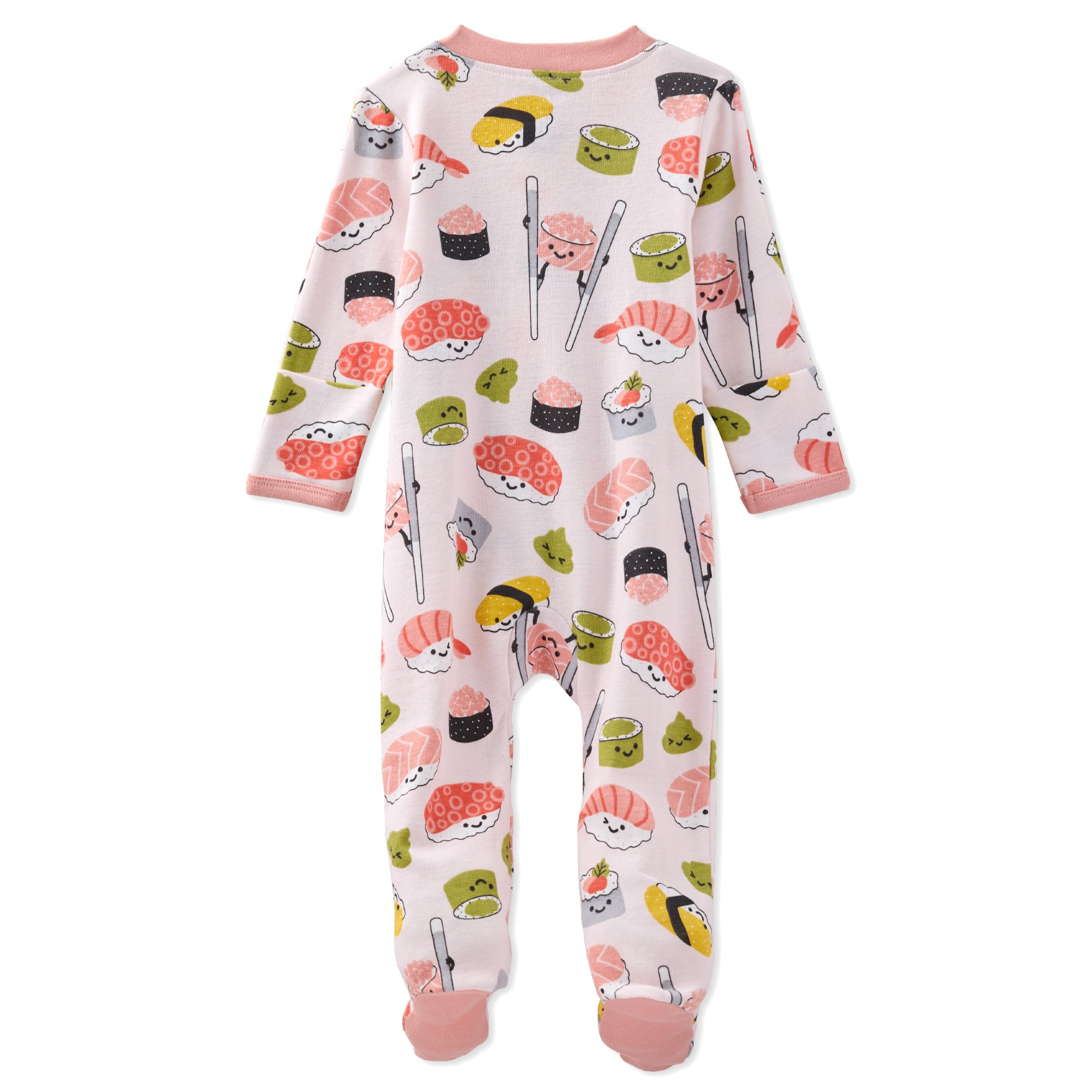 Children's onesie with sushi pattern on a white background