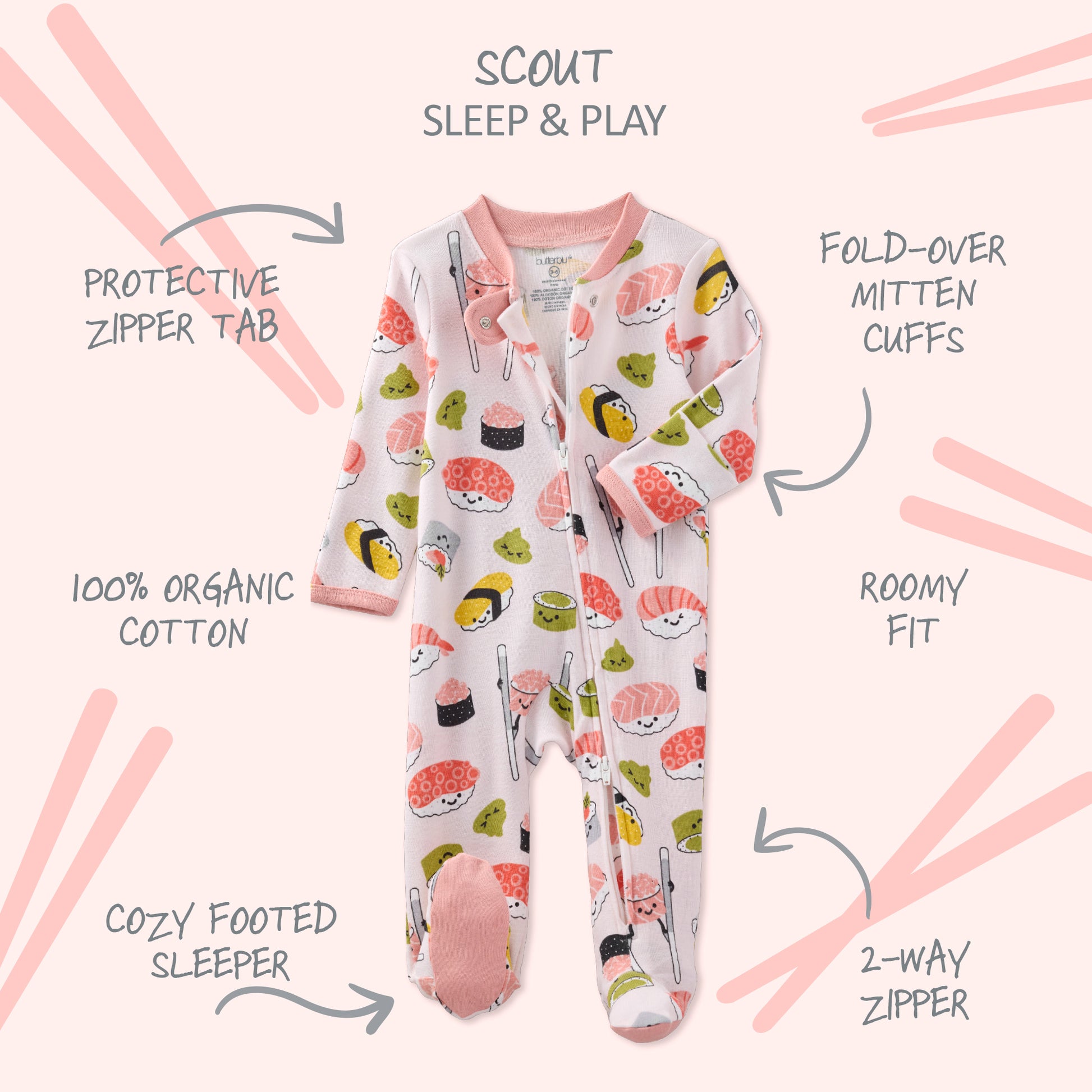 Baby sleep and play outfit with sushi pattern on a pink background