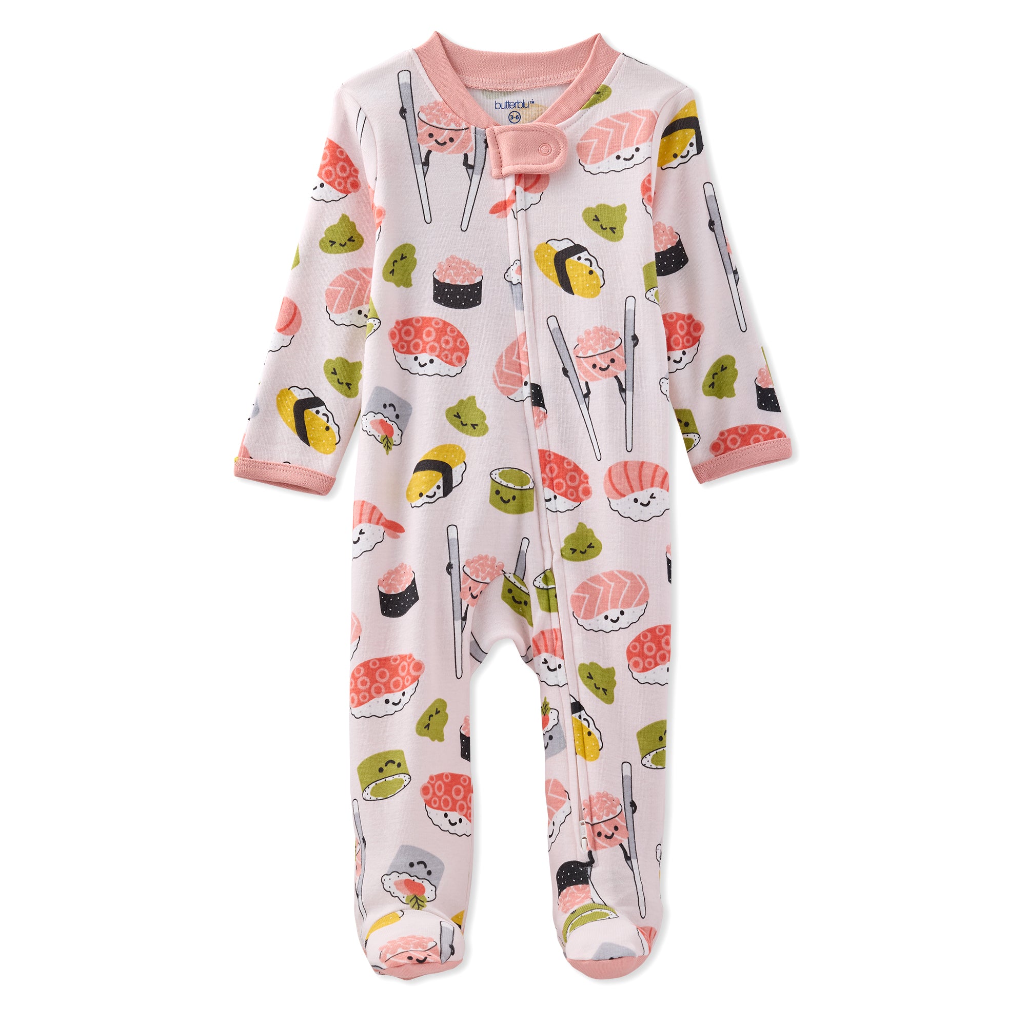 Baby onesie with sushi pattern on a white background