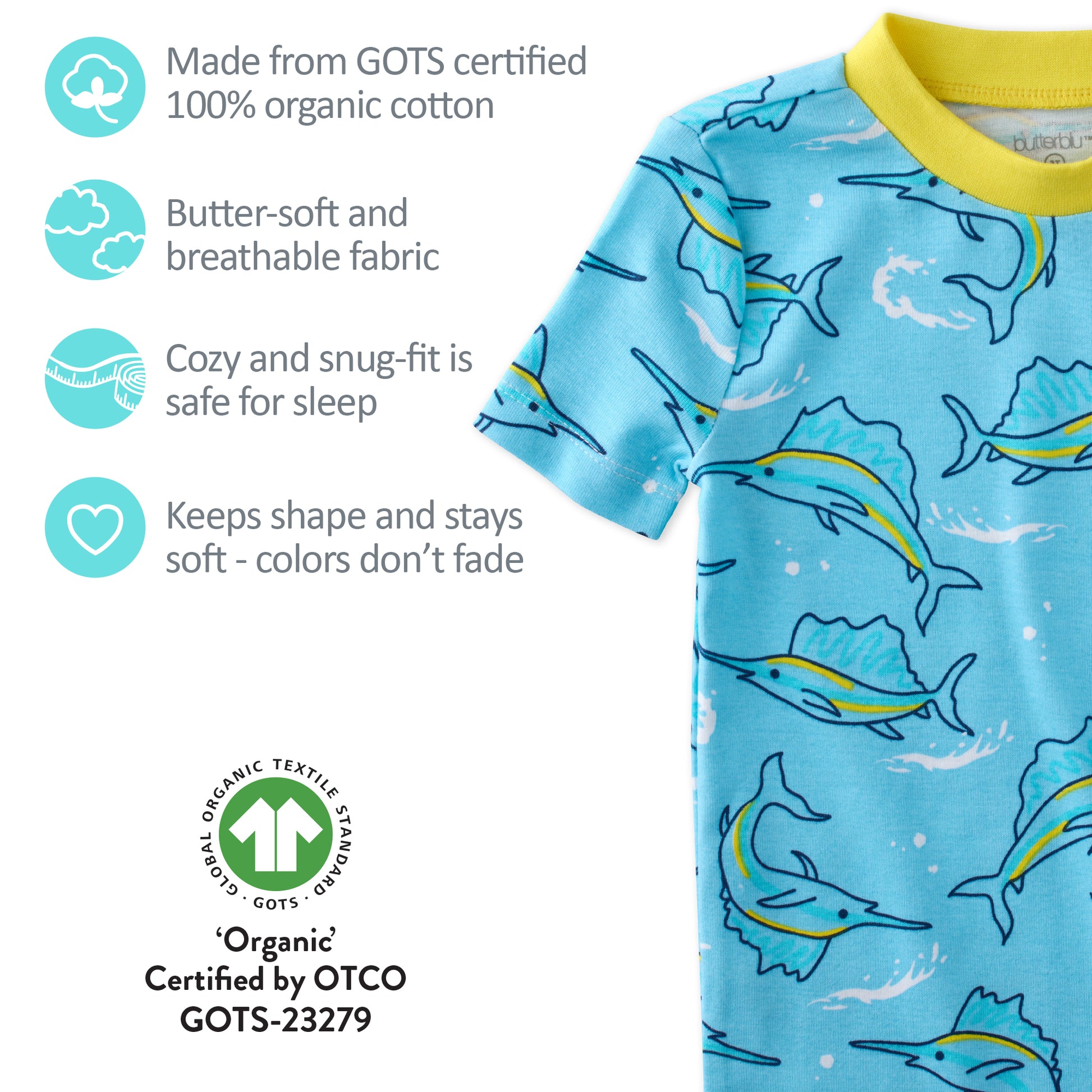 GOTS certification badges for the SHADE pajamas