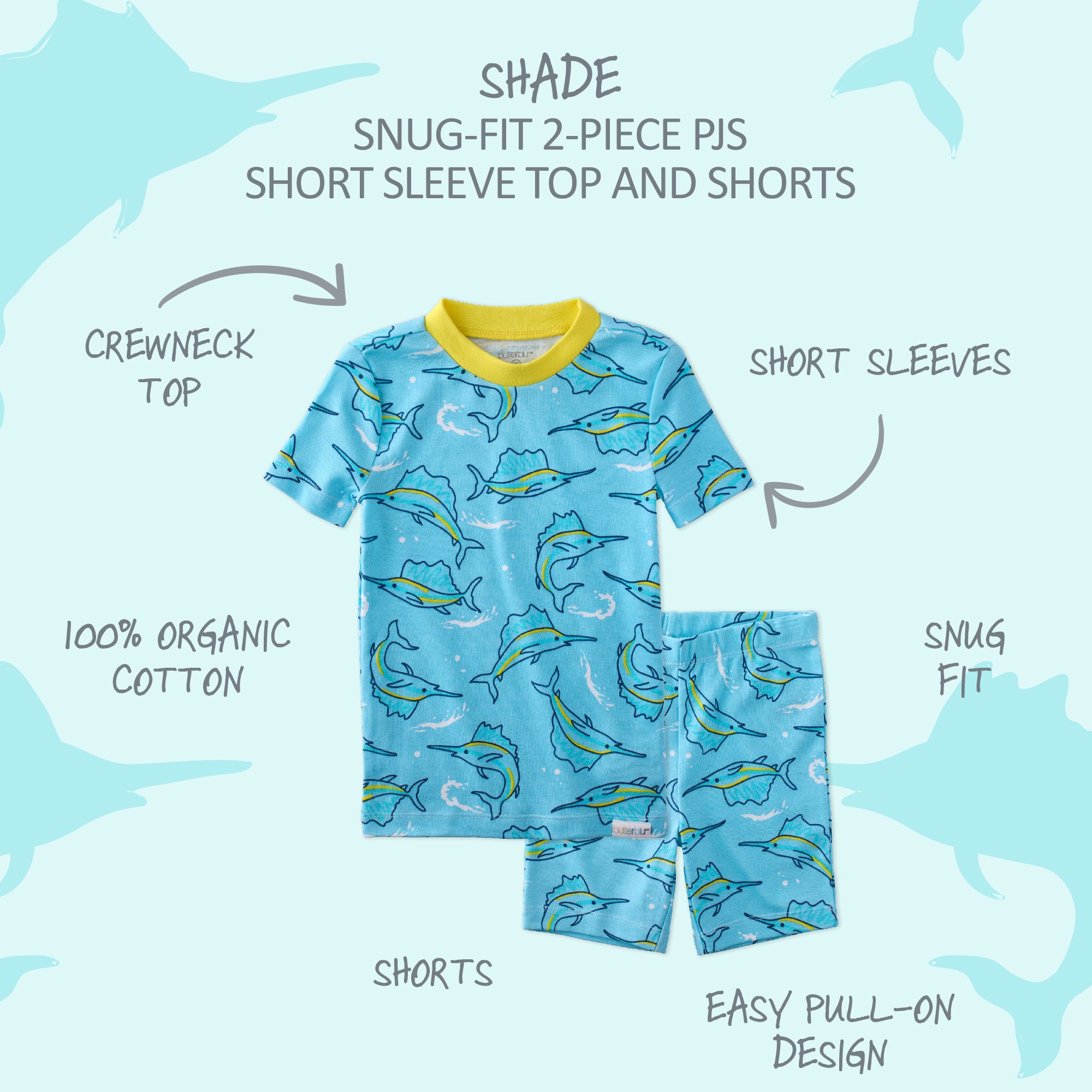  SHADE two piece short pajama set with product descriptions surrounding it