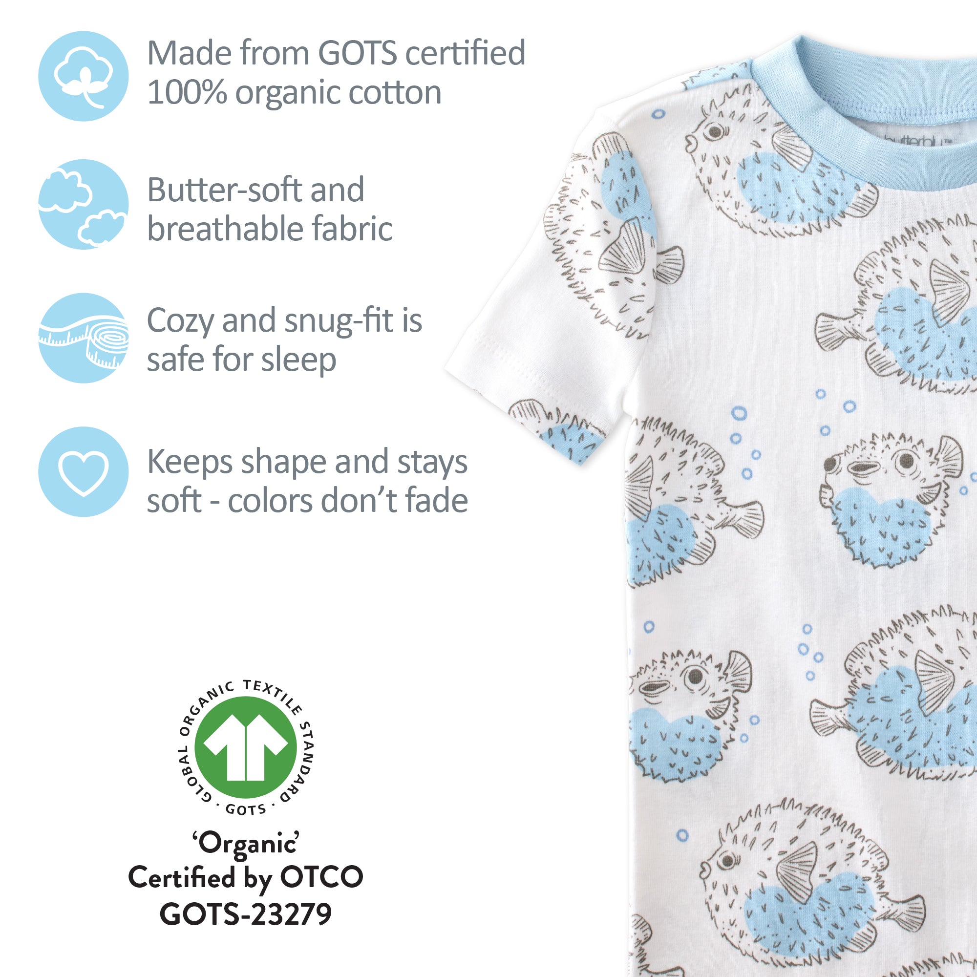 GOTS certification badges for the SHADE pajamas
