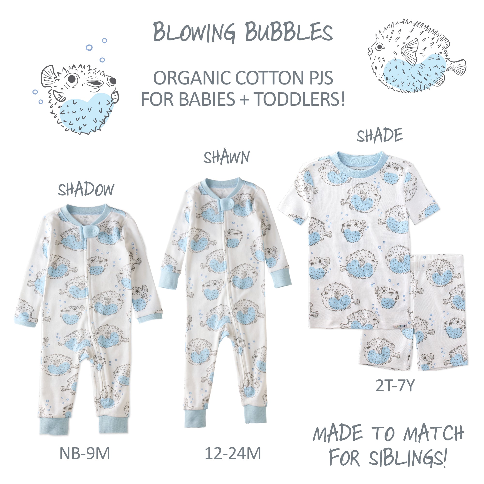 Made to Match pajama set in Blowing Bubbles on a white wallpaper