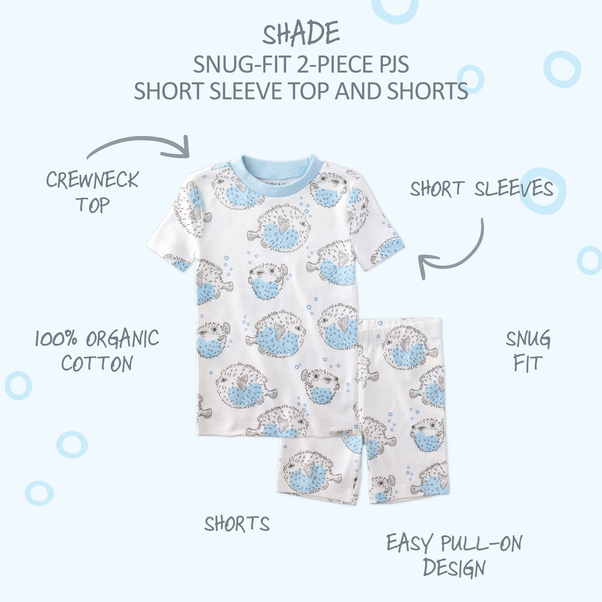  SHADE two piece short pajama set with product descriptions surrounding it
