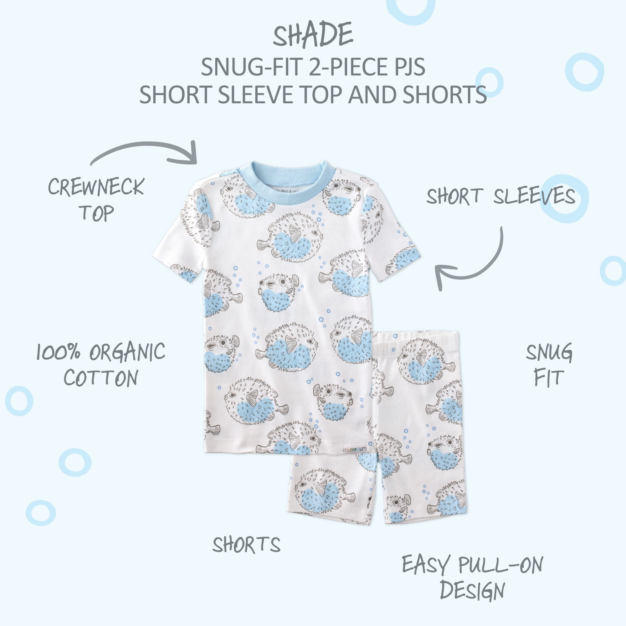  SHADE two piece short pajama set with product descriptions surrounding it
